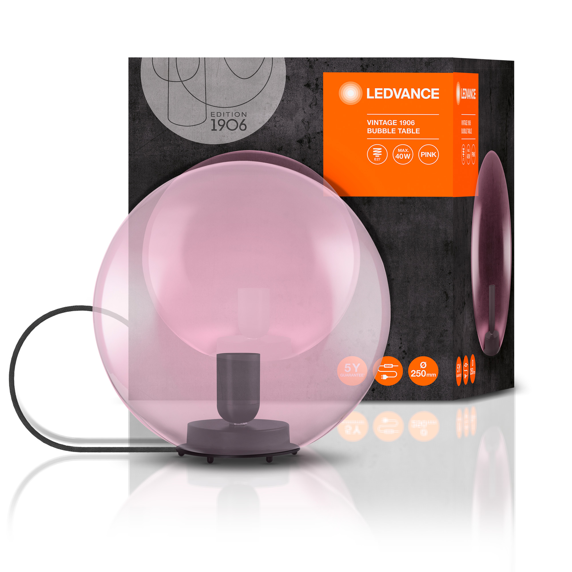 Rosa Tischlampe, vor einer Produktverpackung mit 'LEDVANCE' und Produktdetails.