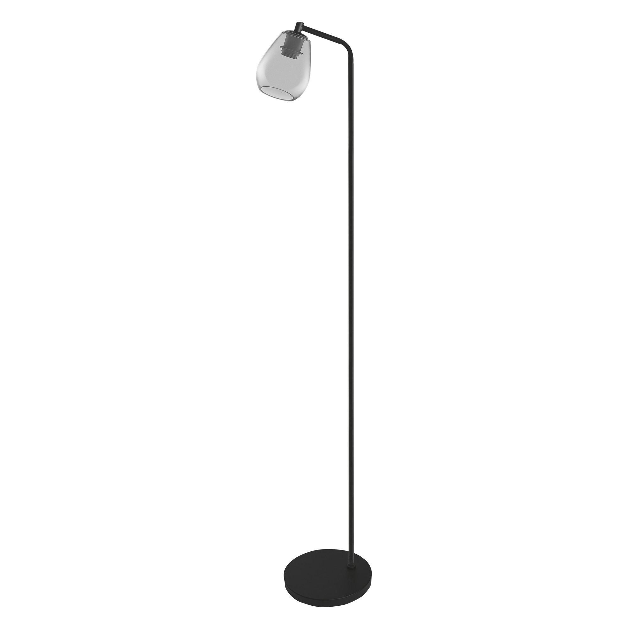 Schwarze Stehlampe mit klarem, tropfenförmigem Glasschirm. Die Lampe steht auf schwarzem Sockel.