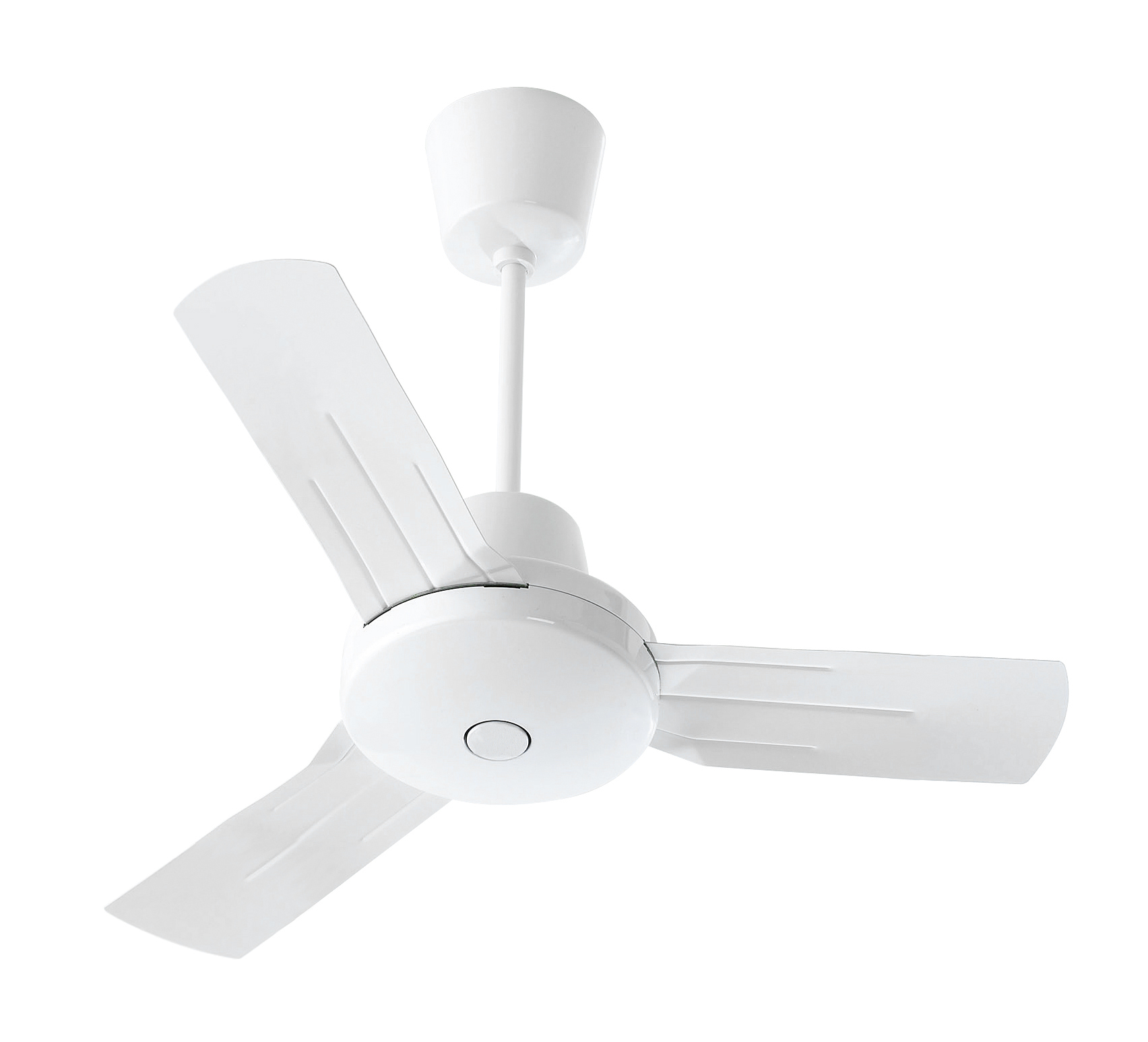 Weißer Deckenventilator. Drei Blätter. Der Ventilator hängt von der Decke.