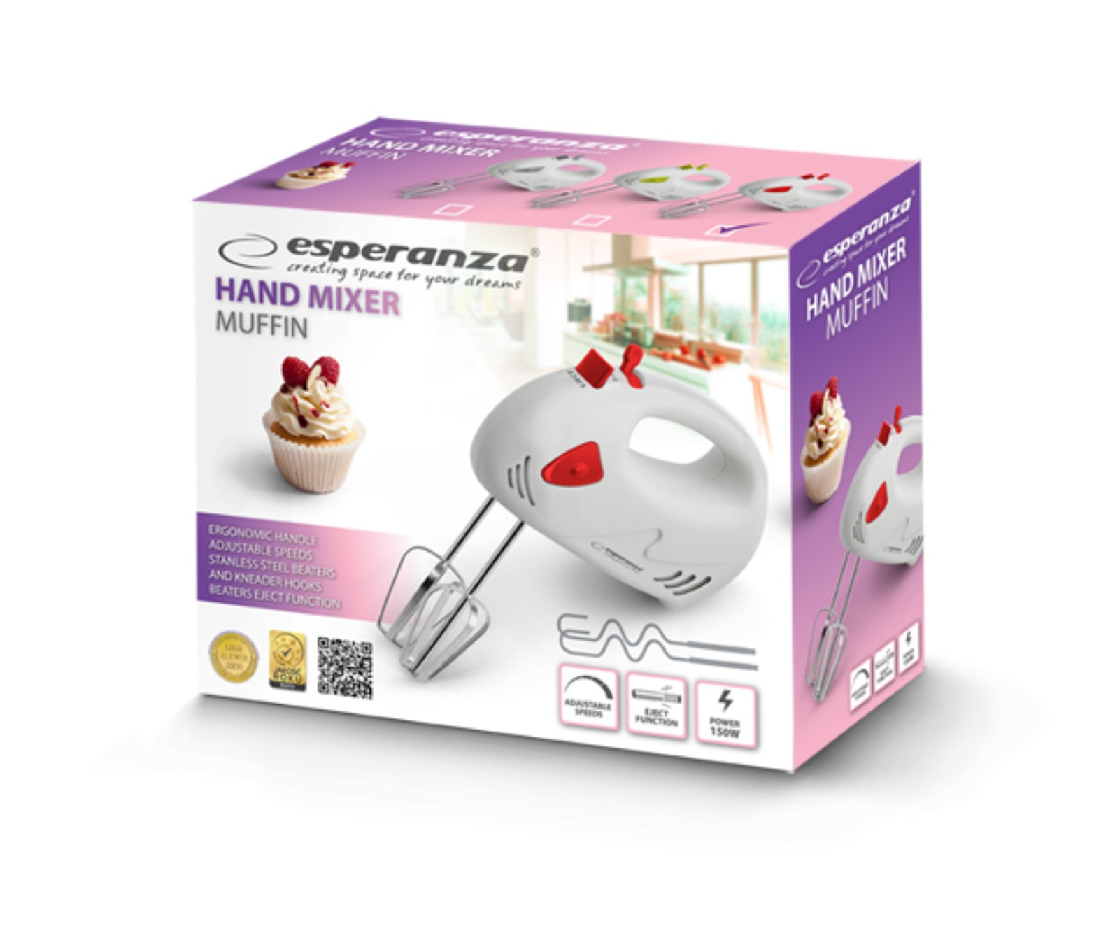 Una scatola di un frullatore a mano. La scatola ha un'immagine del frullatore e dei cupcake.