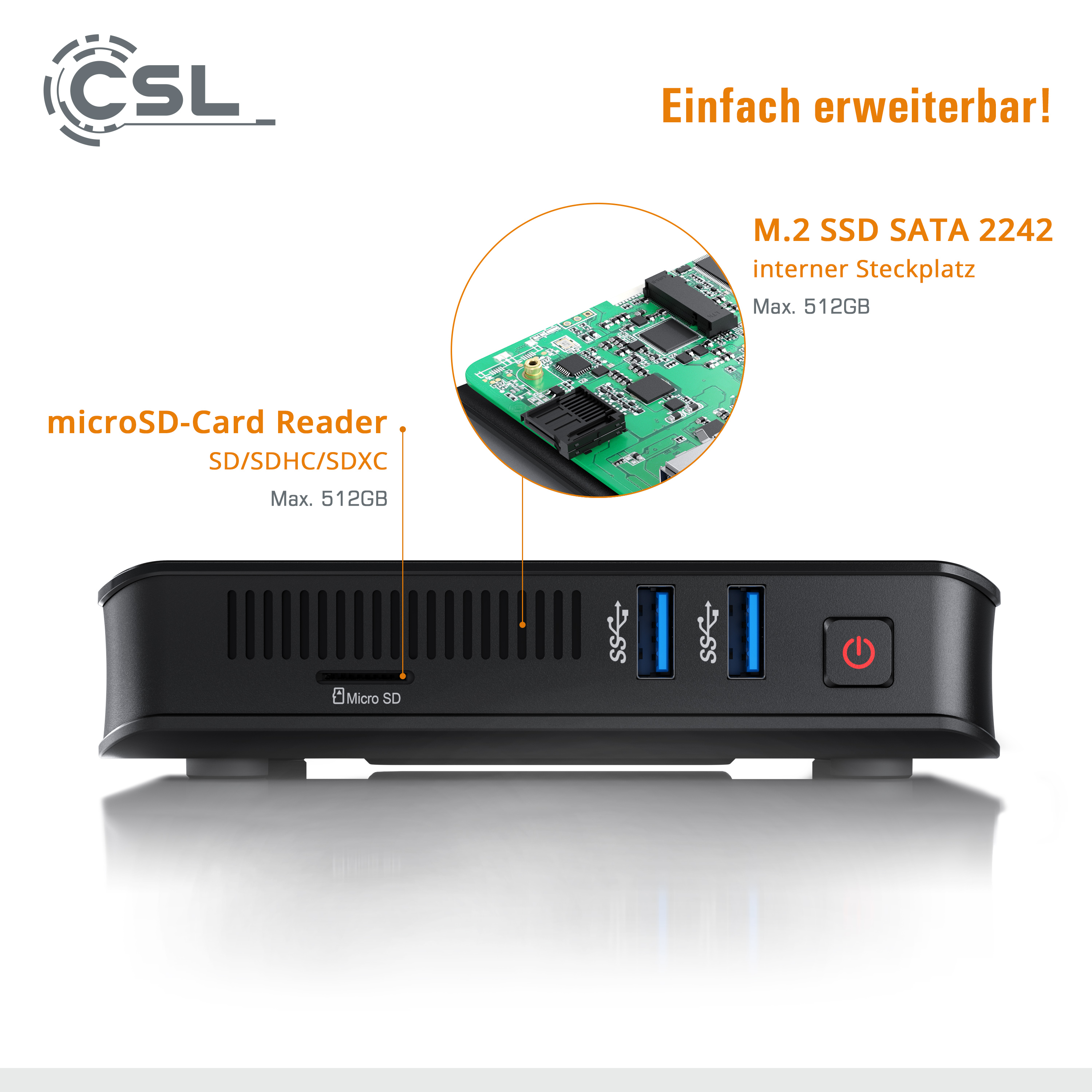 CSL Mini-PC Narrow GB / Intel® mit GB 4 v4 Win RAM, Bit), eMMC, SSD GB Compact SSD, Box / Mini-PC 256 (64 Windows Intel® M.2 128 Pro, Prozessor, 256GB Pro HD 10 10 Ultra Celeron®