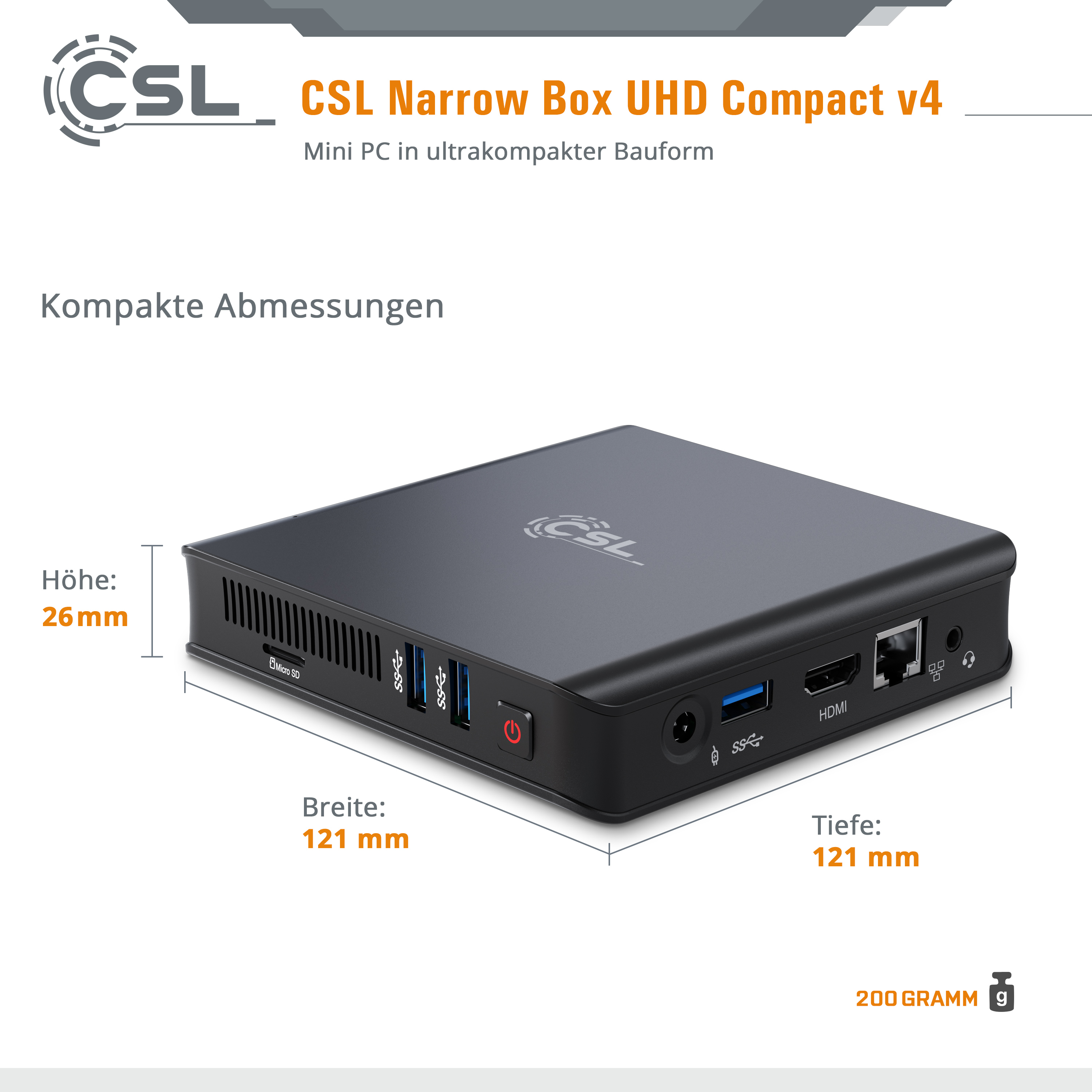 CSL Mini-PC Narrow Box GB Bit), RAM, v4 128 4 Pro, 10 / Pro mit Compact Windows 10 GB Celeron® Mini-PC Prozessor, HD Intel® Ultra Intel® eMMC, Win (64