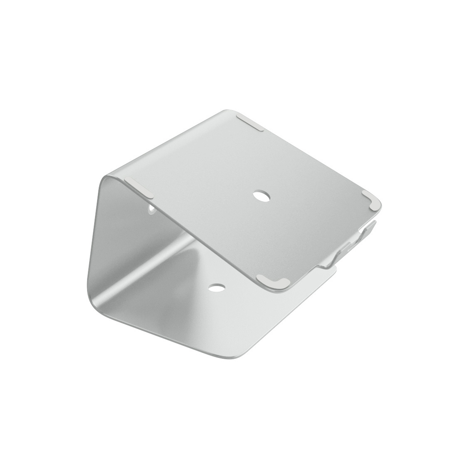 Silberner Laptopständer aus Metall mit gebogener Form. Er hat Löcher und Gummipads am Boden für den Halt.