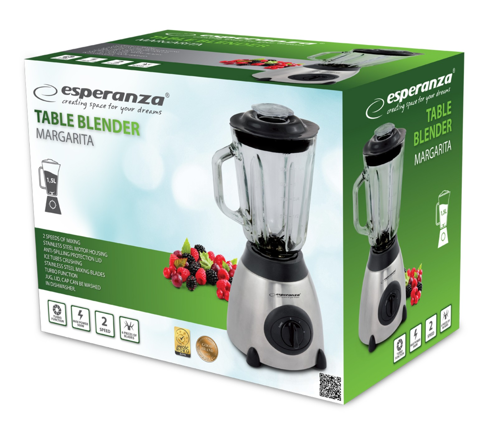 Eine Mixerbox mit einer Mixer-Grafik. Der Mixer ist silber und schwarz, mit einem Glaskrug. Beeren befinden sich am unteren Rand.
