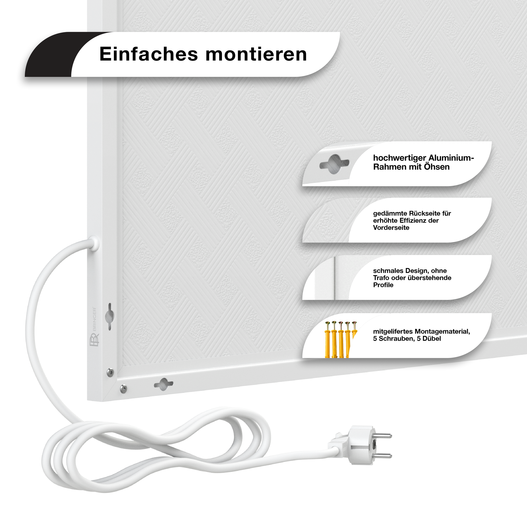 Weißes Panel mit sichtbarer Montagehardware. Text auf Deutsch beschreibt Funktionen.