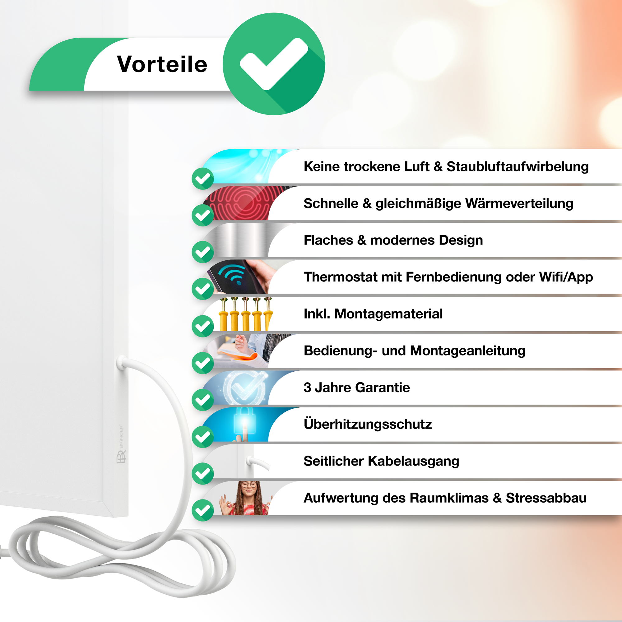 Weißer Heizkörper mit Funktionen wie Luftqualität, gleichmäßige Wärmeverteilung, Fernbedienung und Sicherheit.