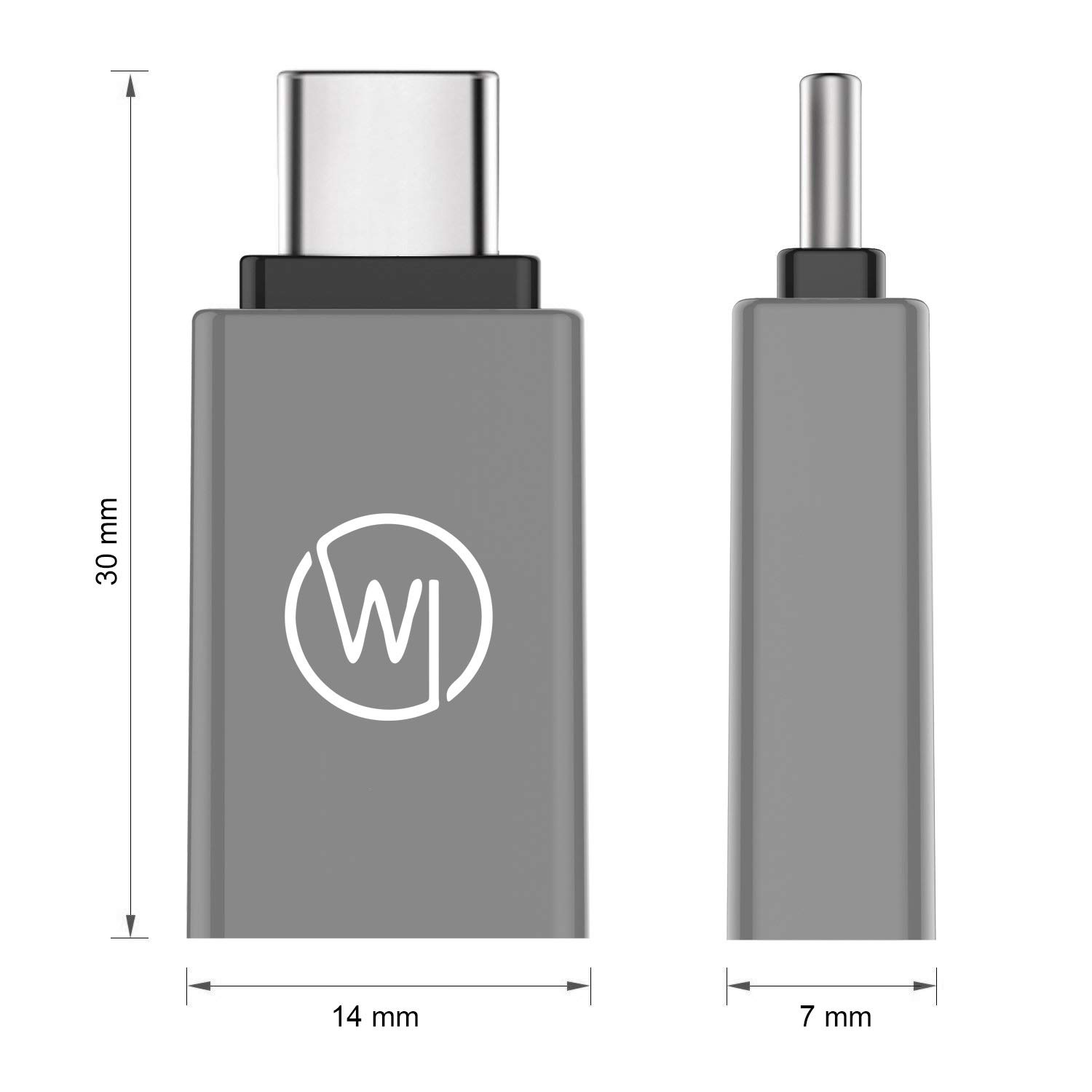 Zwei graue USB-C-zu-USB-Adapter. Einer hat ein USB-C-Ende, der andere ein USB-Ende.