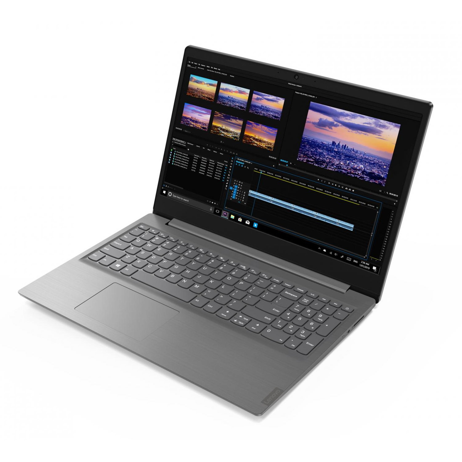 Ein grauer Laptop mit Tastatur und Bildschirm, der eine Videoschnittstelle anzeigt. Weißer Hintergrund.