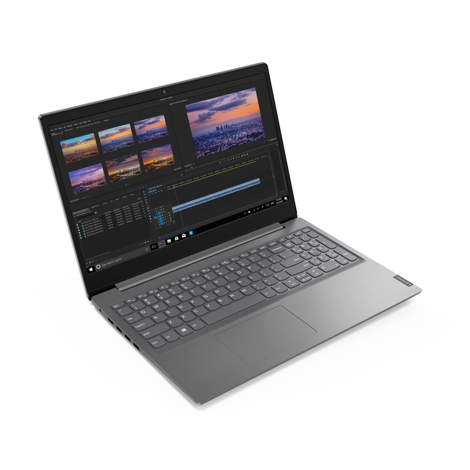 Grauer Laptop auf weißer Oberfläche. Der Bildschirm zeigt eine Videoschnitt-Oberfläche.