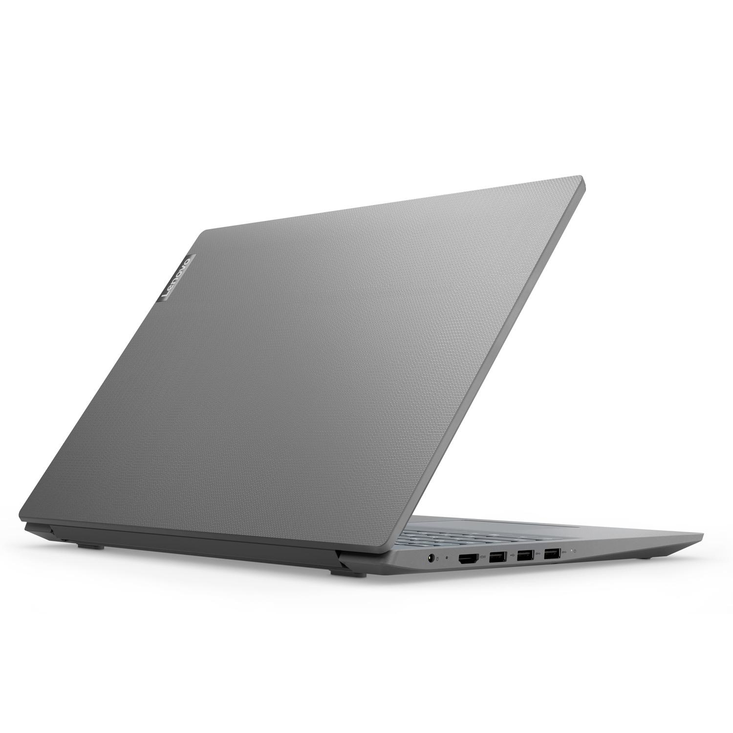 Grauer Laptop, Rückansicht. Der Bildschirm ist geschlossen, und das Lenovo-Logo ist sichtbar.