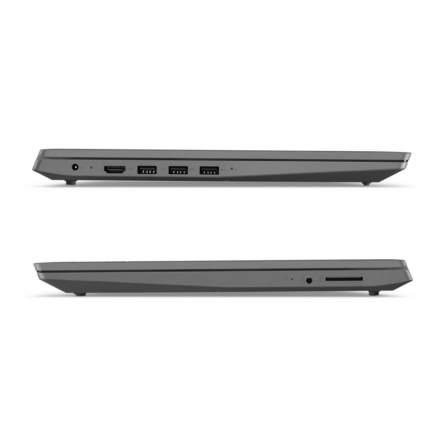 Zwei Seitenansichten eines grauen Laptops. Die obere Ansicht zeigt Anschlüsse, die untere einen Steckplatz.