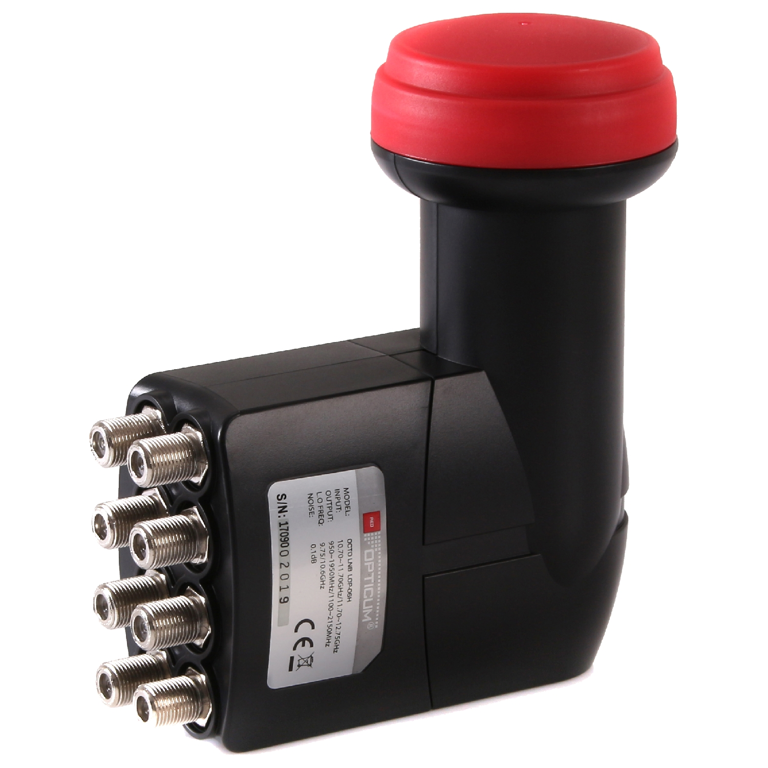 Ein schwarzes LNB mit roter Kappe und mehreren Eingangsanschlüssen. Es ist auf weißem Hintergrund.