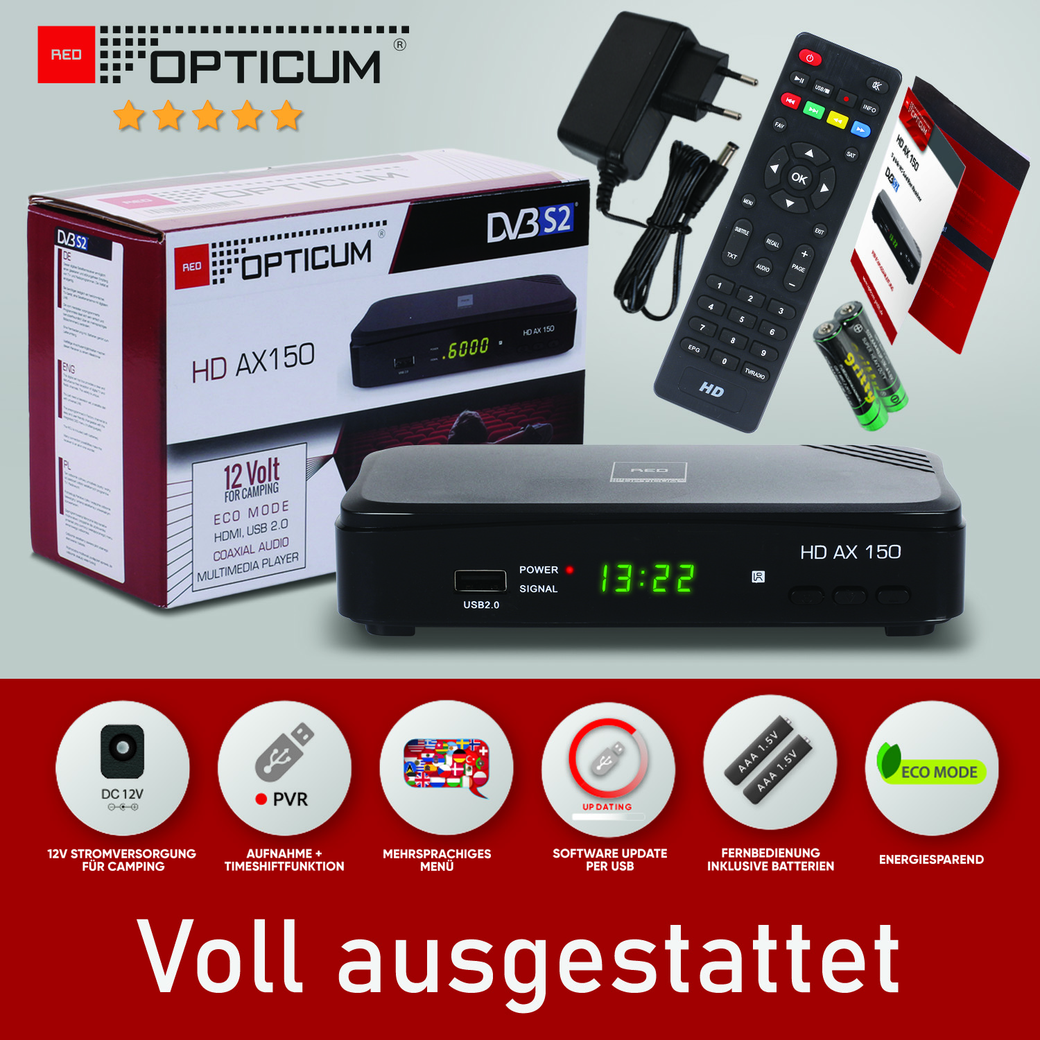 RED OPTICUM Opticum AX 150 PVR-Funktion, DVB-S2, DVB-S, Sat-Receiver PVR mit schwarz) (HDTV