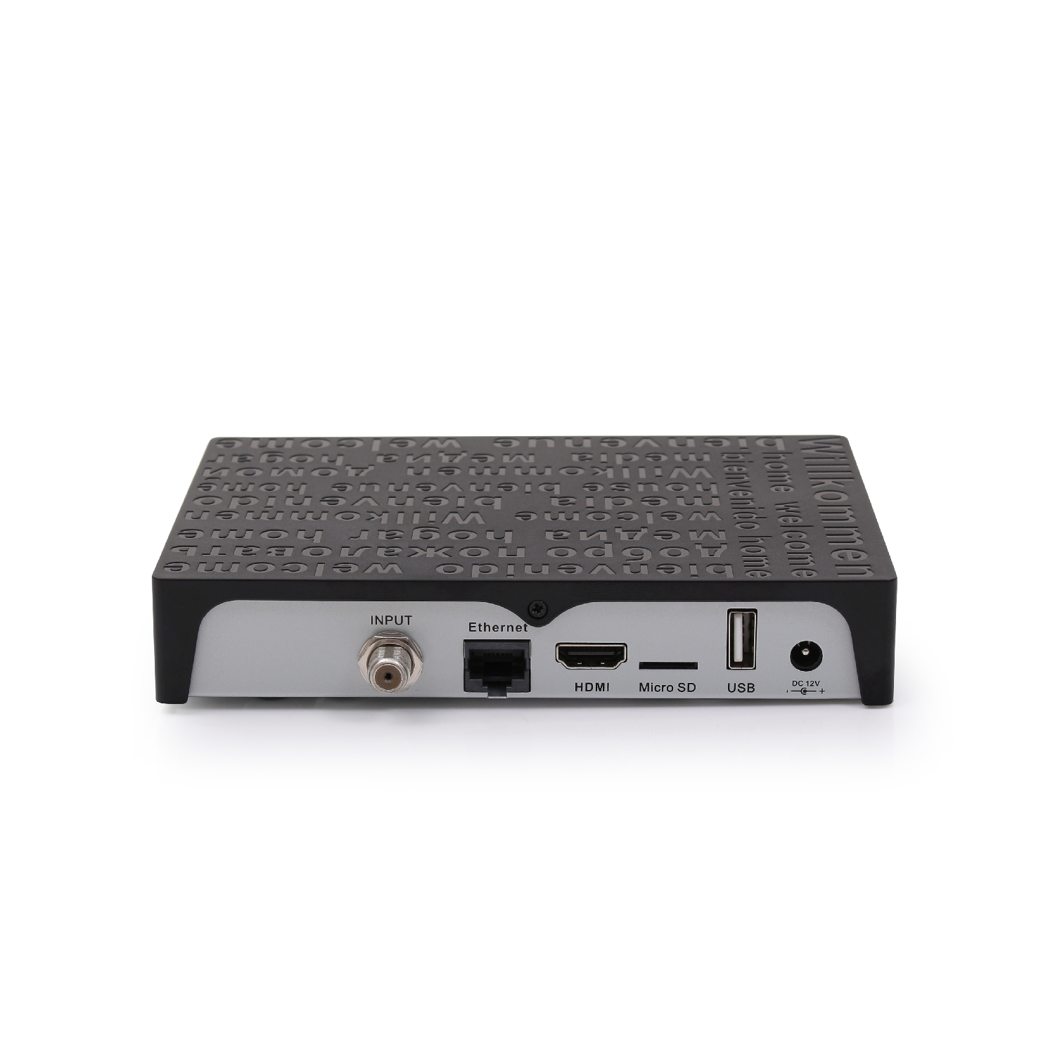 Schwarze Set-Top-Box mit Eingangsanschlüssen, Ethernet, HDMI, Micro SD und USB-Anschlüssen.