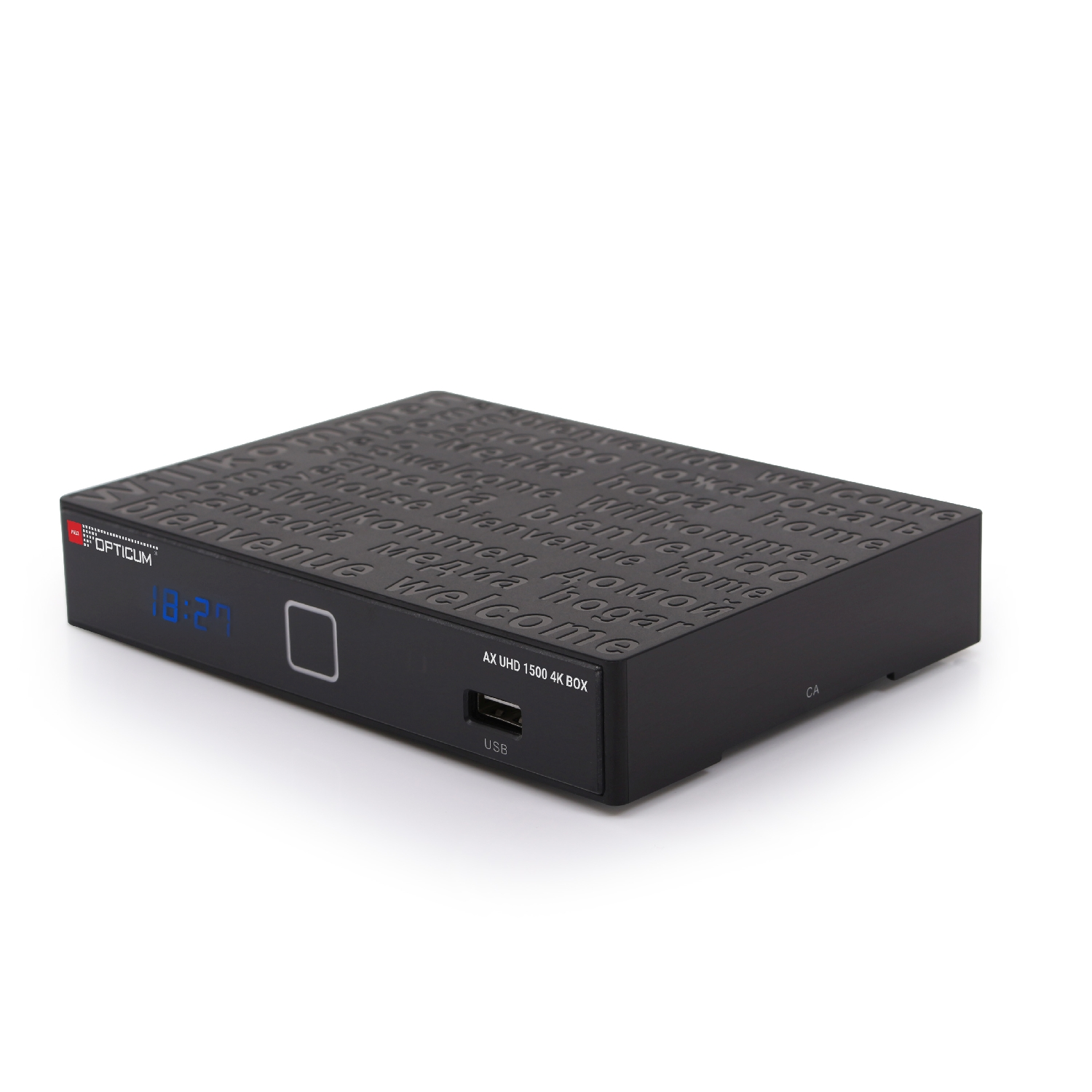 Ein schwarzer digitaler Receiver mit einer Zeitanzeige. Es trägt die Aufschrift OPTICUM und AX UHD 1500 4K BOX.