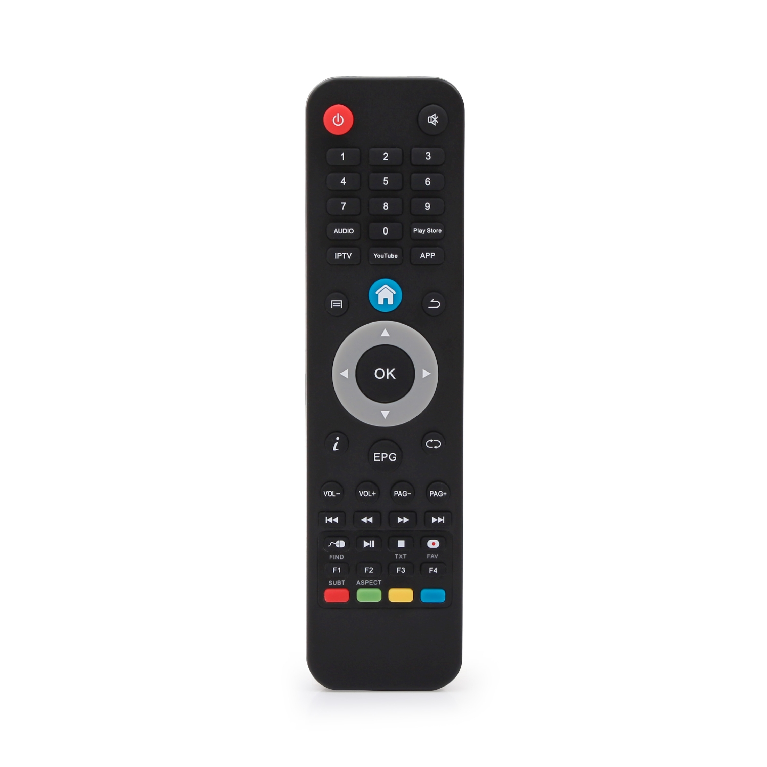 Schwarze TV-Fernbedienung mit vielen Tasten und Beschriftungen auf weißem Grund.