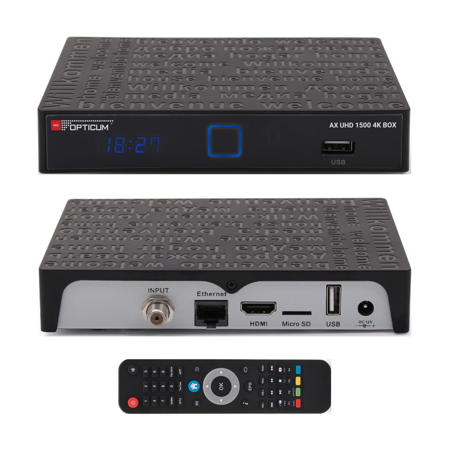 Schwarze Set-Top-Box mit Fernbedienung, mit Vorder- und Rückansicht der Box.