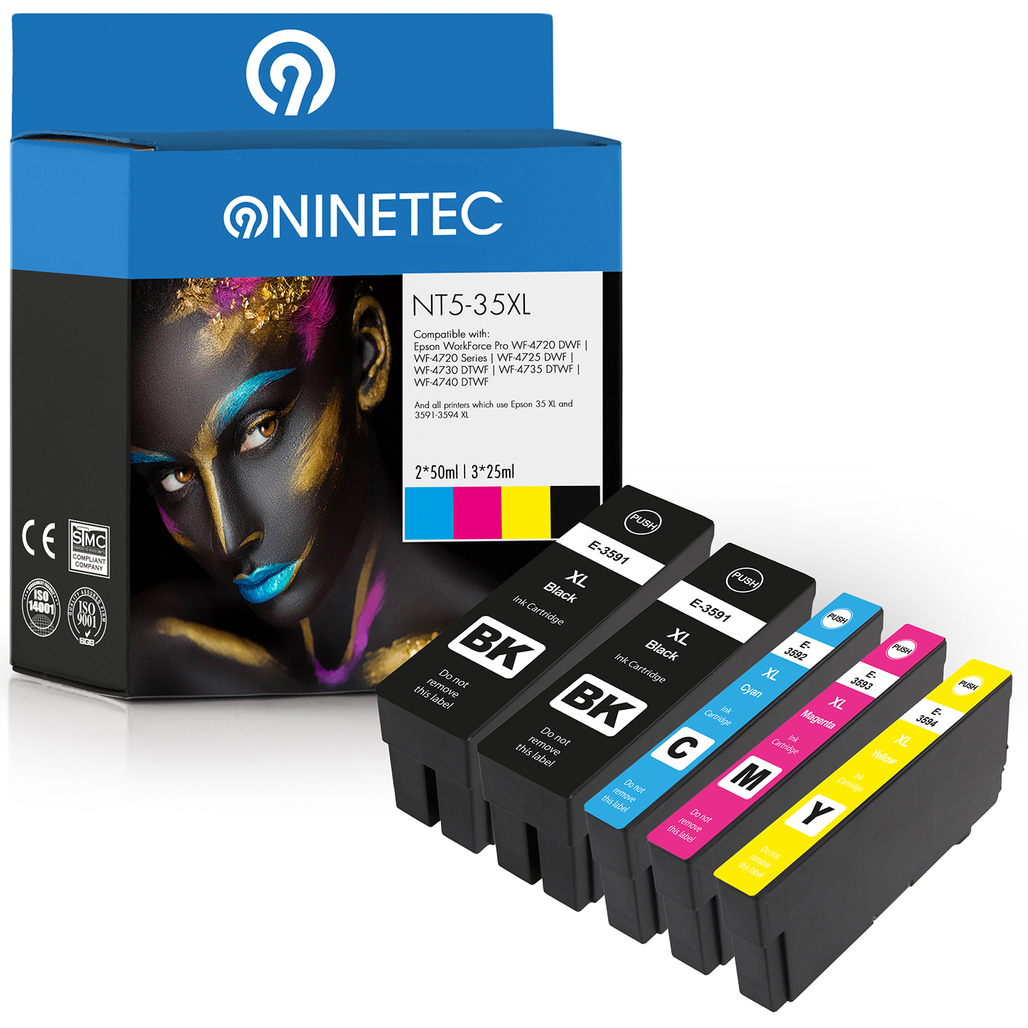 NINETEC 5er Set 35XL T3591-T3594 cyan, Tintenpatronen magenta, yellow 13 (C T Epson ersetzt black, 35994010)