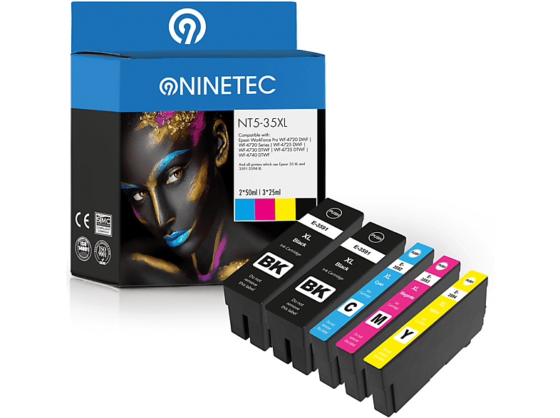NINETEC 5er Set ersetzt Epson T3591-T3594 35XL Tintenpatronen black, cyan, magenta, yellow (C 13 T 35994010)