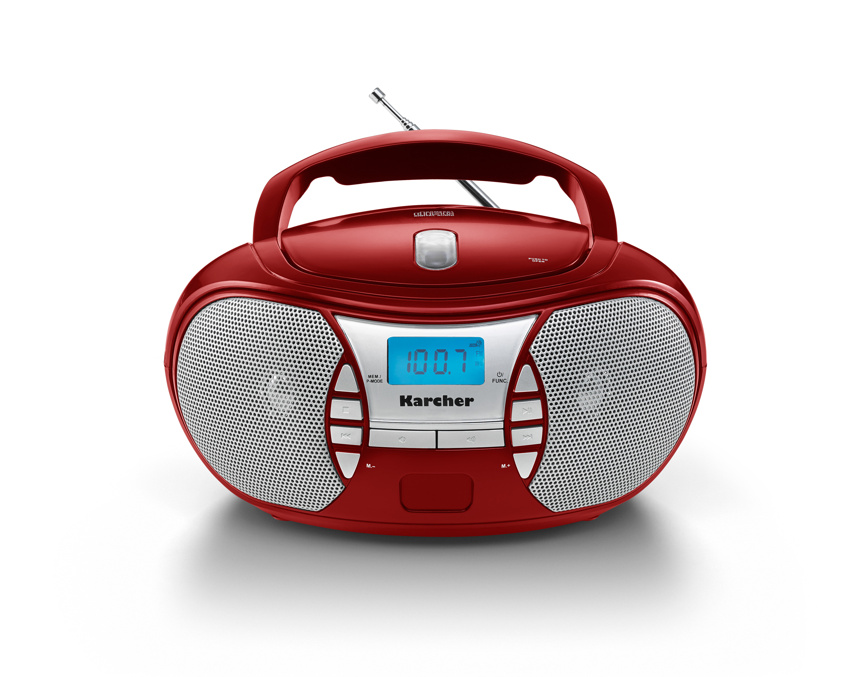 Un boombox radio Karcher rosso. La radio è accesa, mostrando 100.7 sullo schermo.