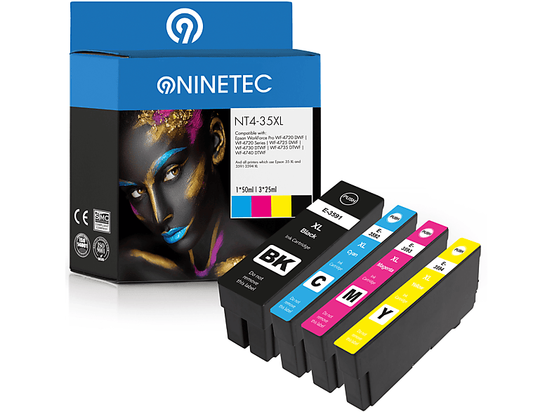 NINETEC 4er Set ersetzt Epson T3591-T3594 35XL Tintenpatronen black, cyan, magenta, yellow (C 13 T 35994010)