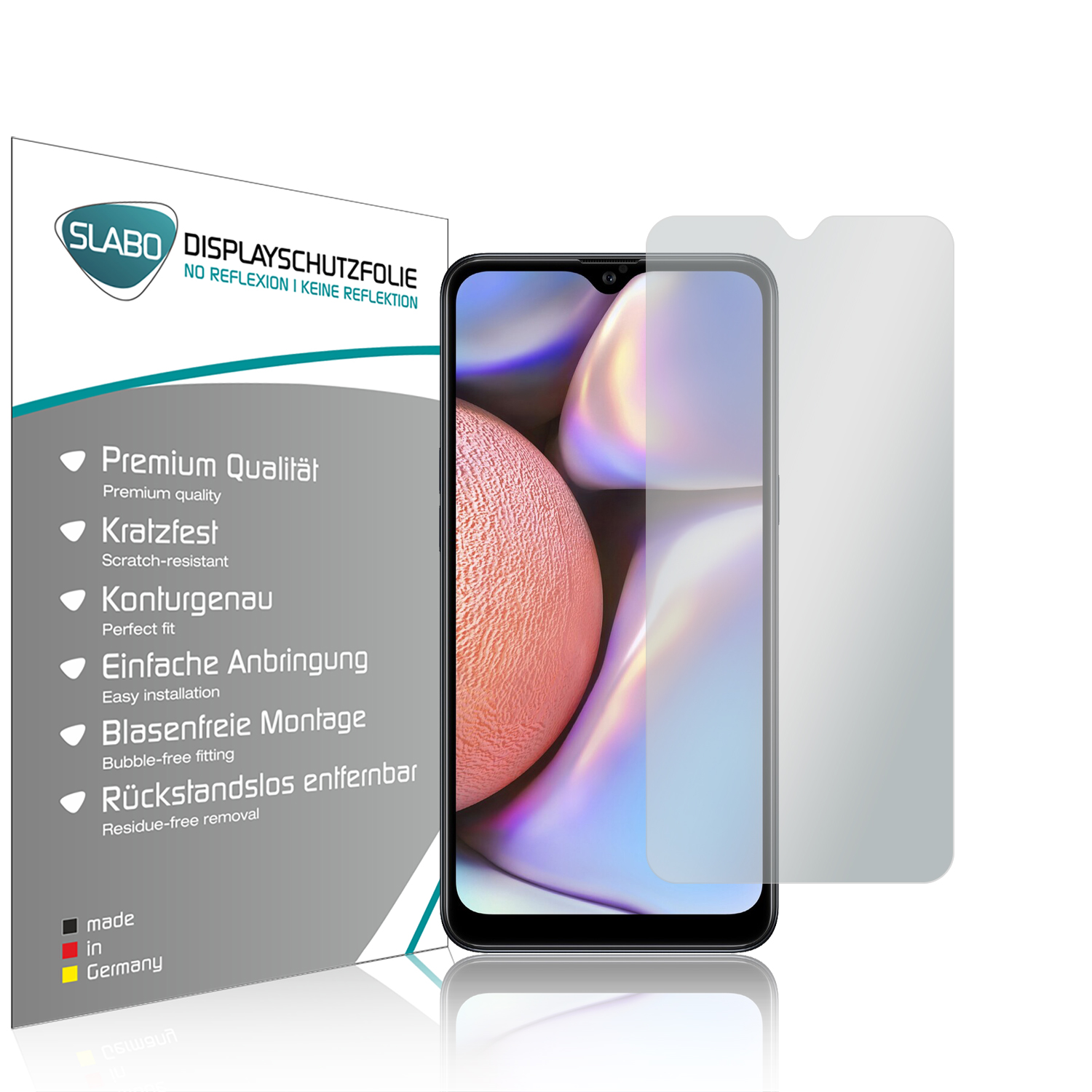 Ein Telefon mit Displayschutzfolie. Displayschutzfolie und Schachtel sind mit Produktdetails beschriftet.