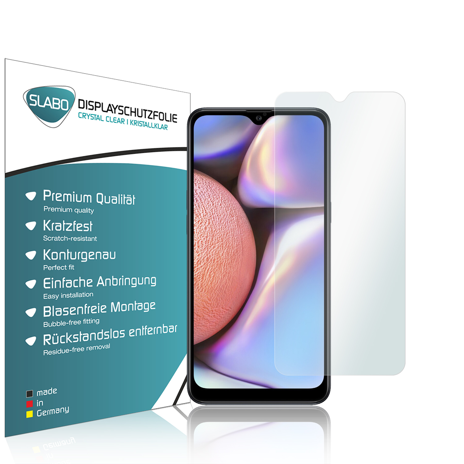 Telefon mit Displayschutzfolie und Verpackung.