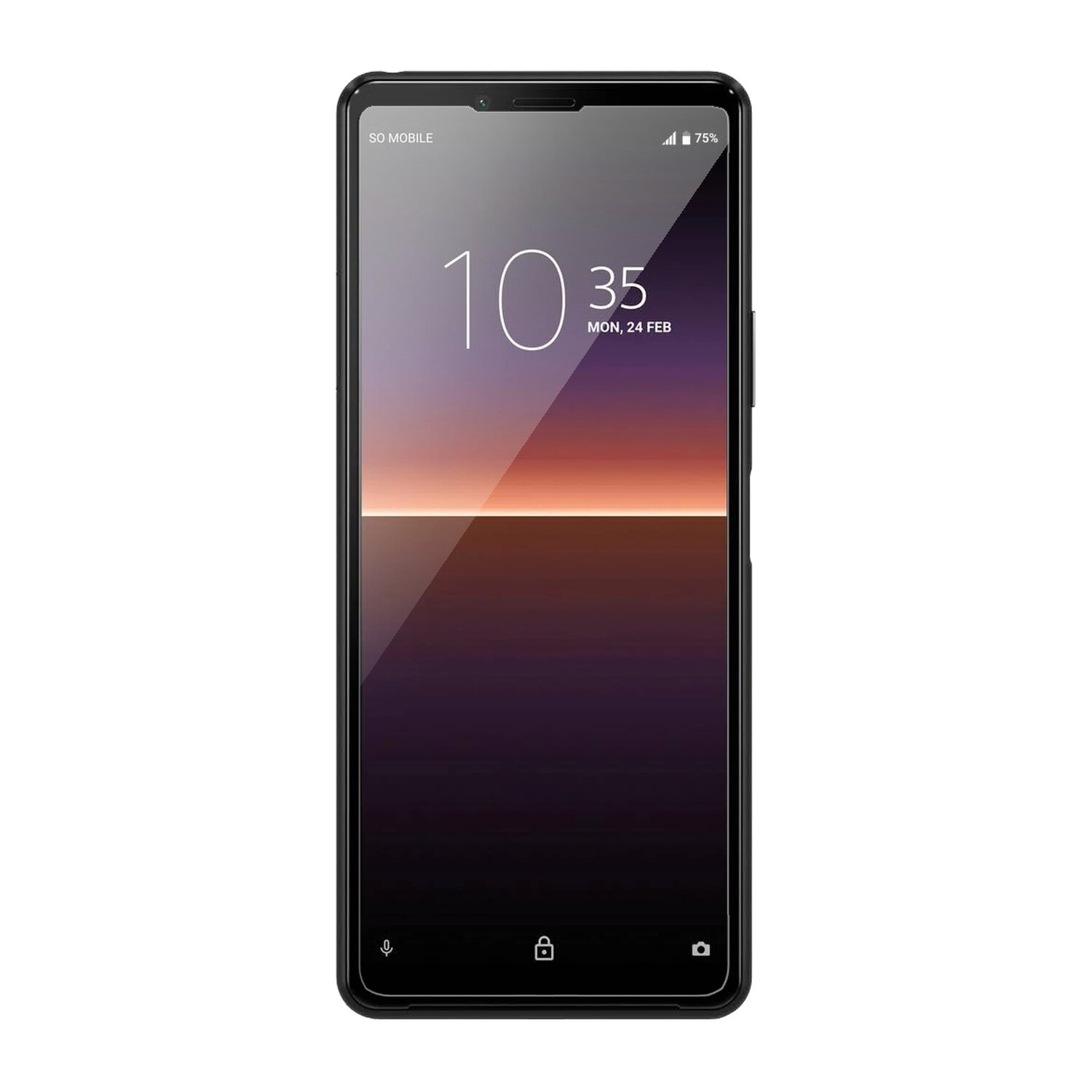 Ein schwarzes Telefon zeigt die Uhrzeit 10:35 an. Der Hintergrund ist weiß.