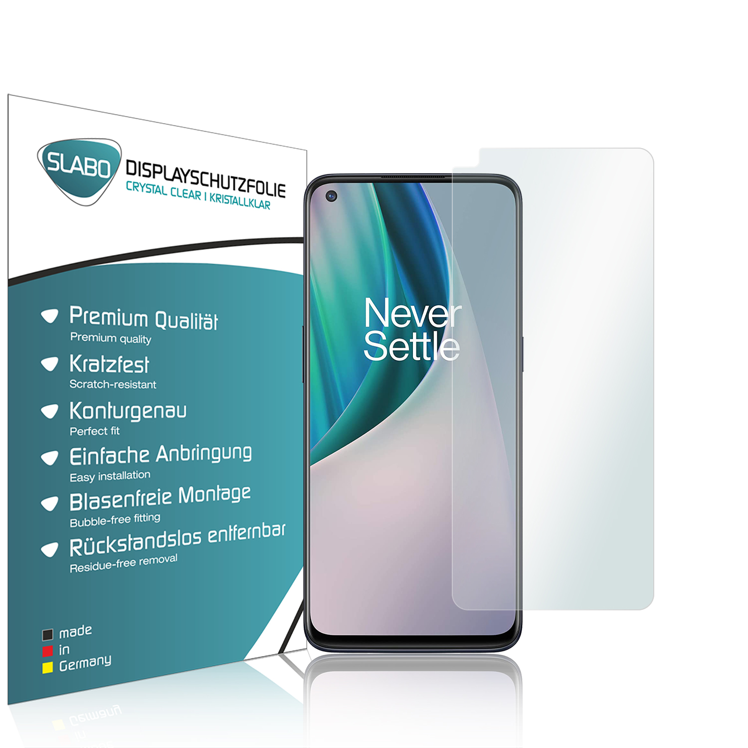 Ein Displayschutz, ein Telefon und eine Verpackung mit Text über seine Funktionen.