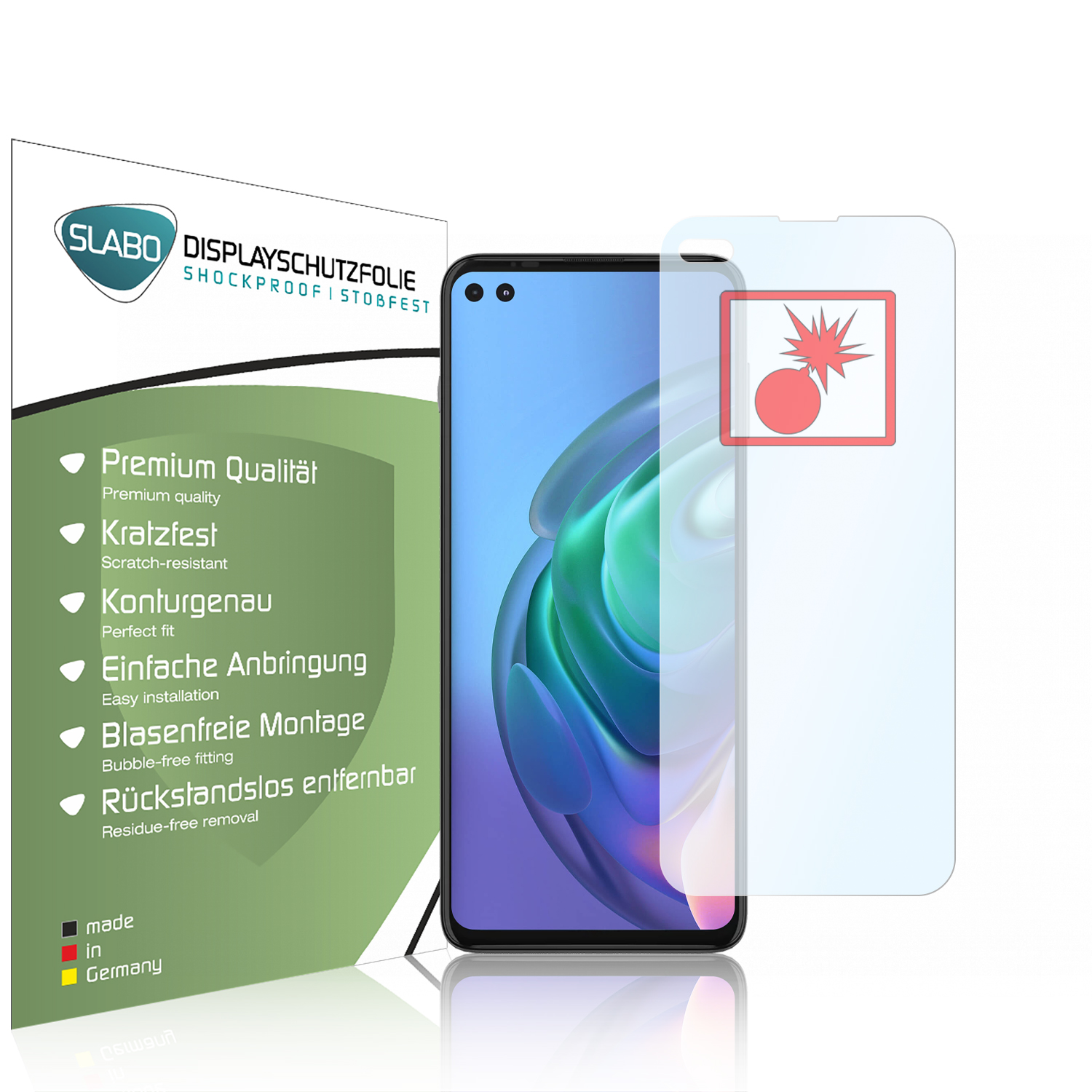 Displayschutzfolie und Box, mit Text und einem Telefon. Die Folie ist auf dem Telefon mit klarem Bildschirm.
