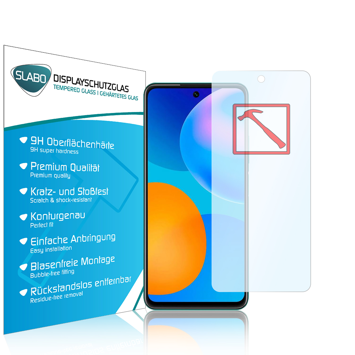 Handy-Displayschutzfolie auf einem Telefon, zeigt ein Hammer-Symbol.