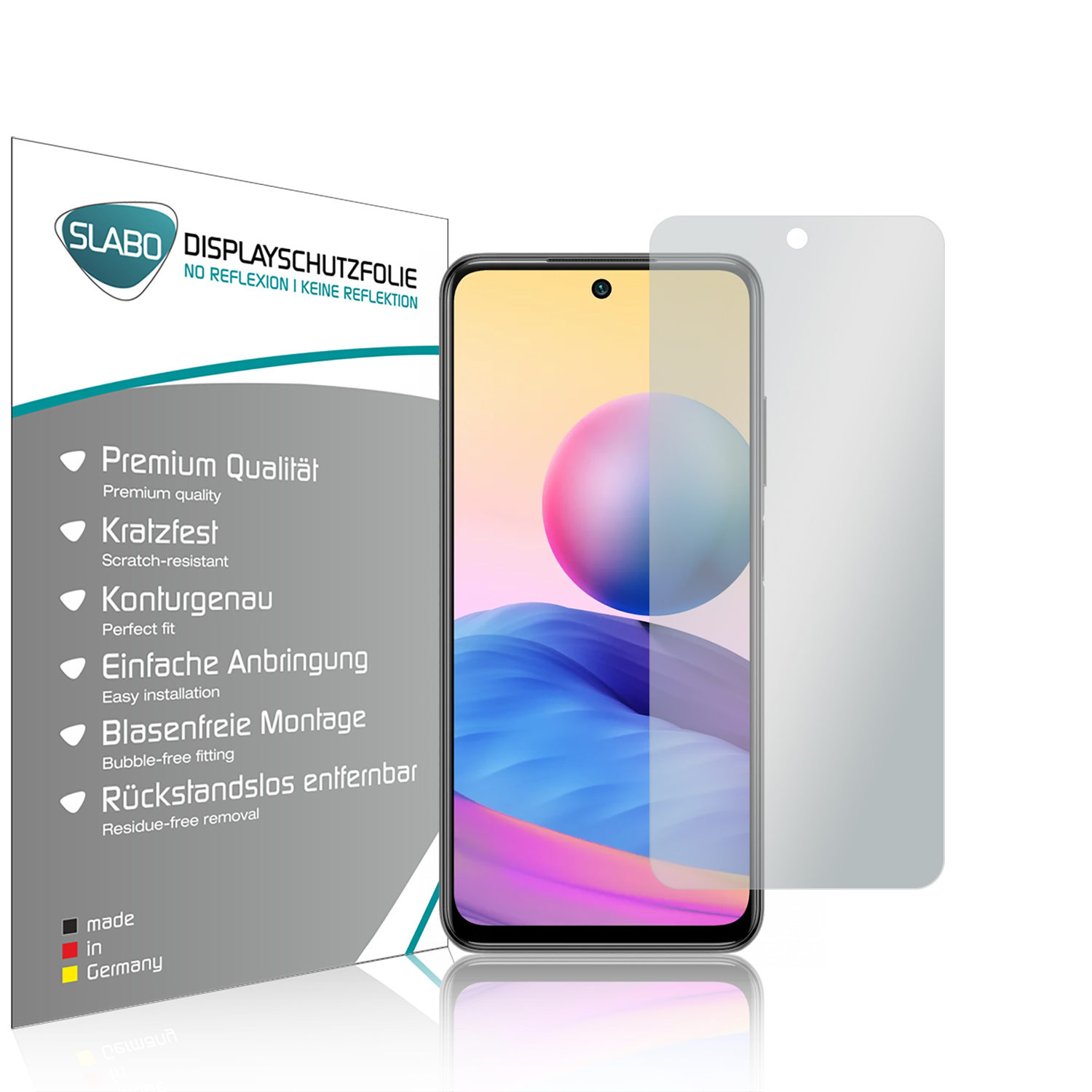Verpackung für Displayschutzfolie mit Telefon und Displayschutzfolie.