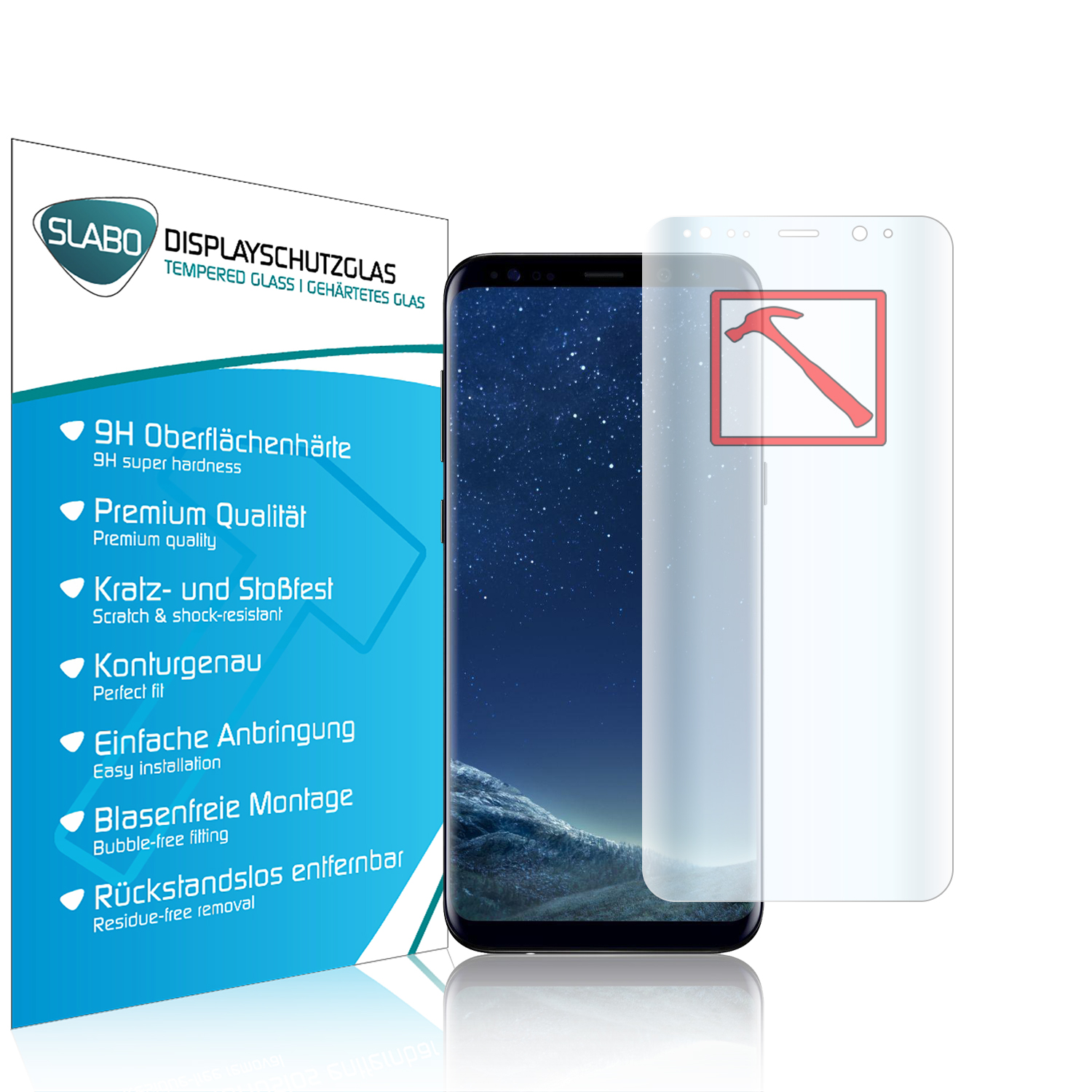 Displayschutzfolie, ein Telefon und eine Box. Der Schutz wird auf dem Telefonbildschirm angebracht.