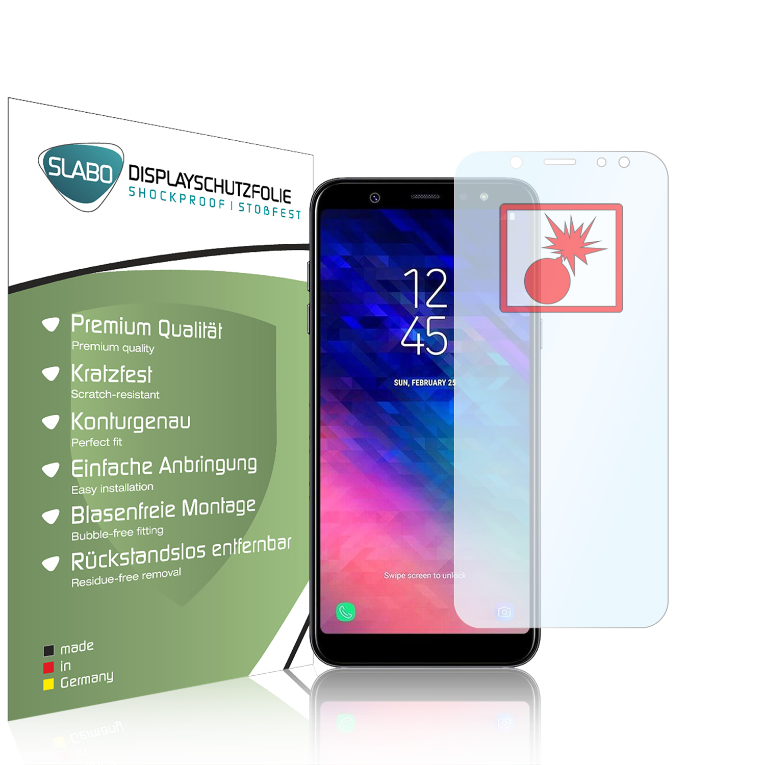 Ein Smartphone mit angebrachter Displayschutzfolie. Die Schutzfolie ist auf dem Telefon angebracht.