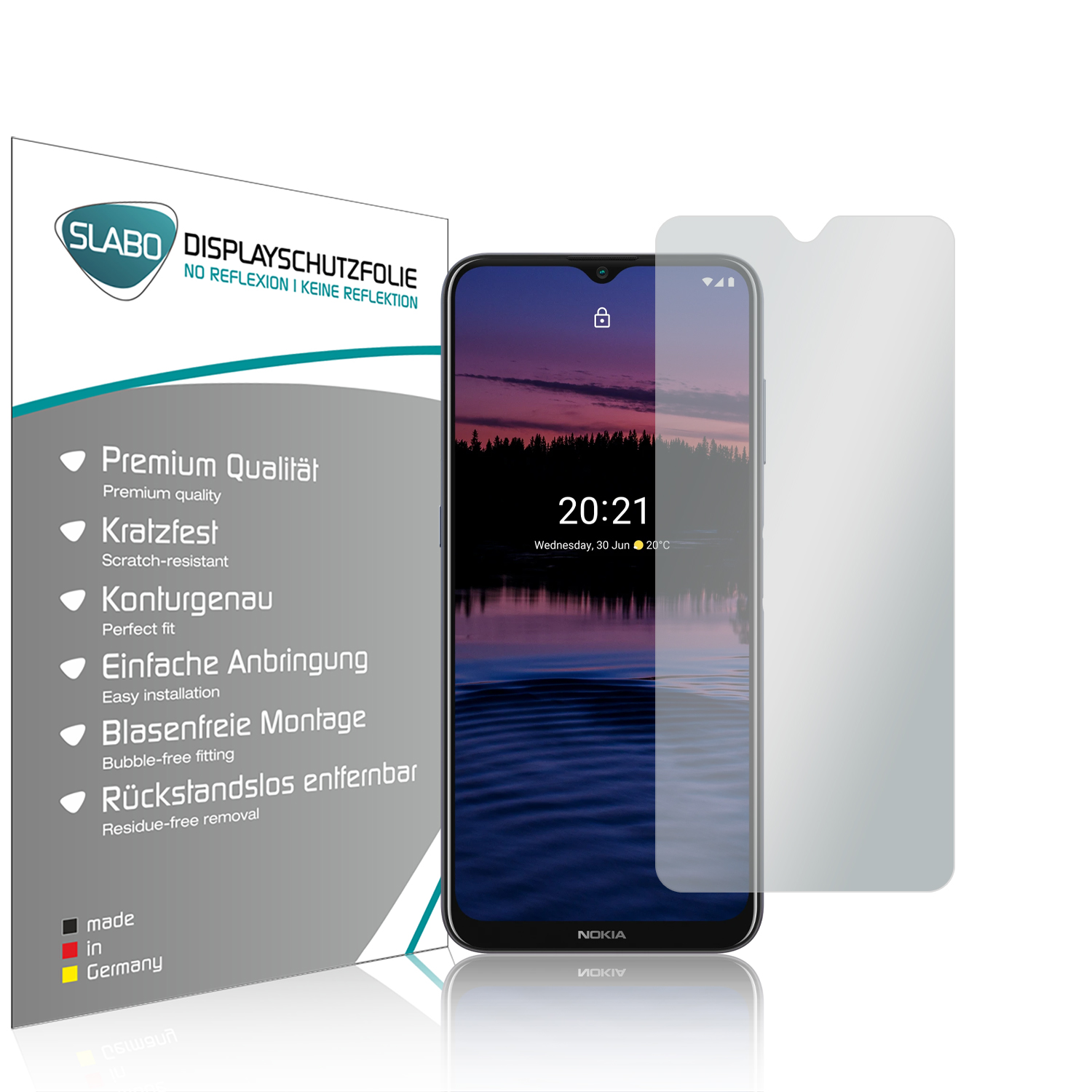 Telefon, Displayschutzfolie und Verpackung. Das Telefon ist schwarz, eine Displayschutzfolie ist klar. Nokia-Logo sichtbar.