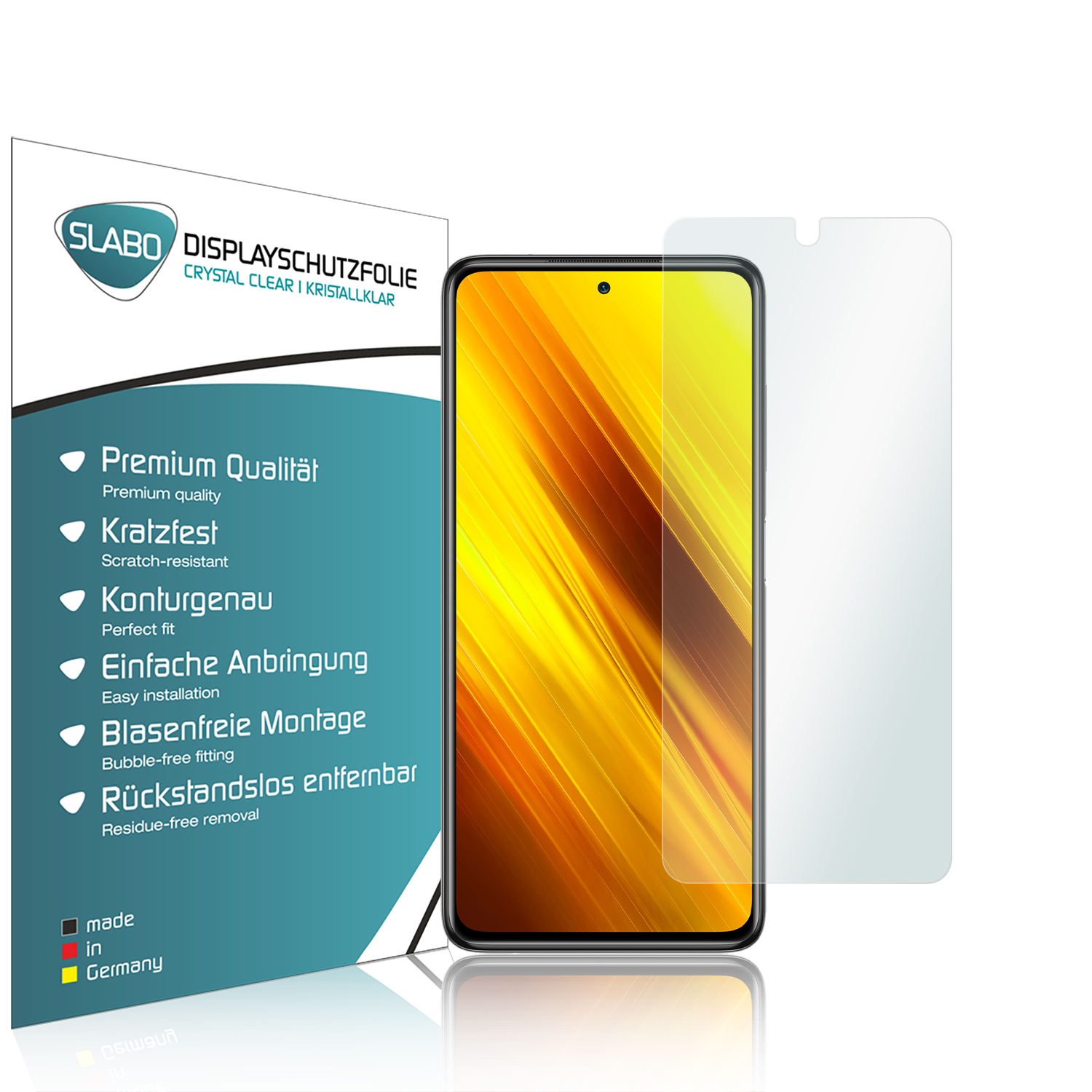 Eine Handy-Displayschutzfolienbox und ein Handy mit Schutzfolie darauf. Die Box hat Text und eine klare Folie.