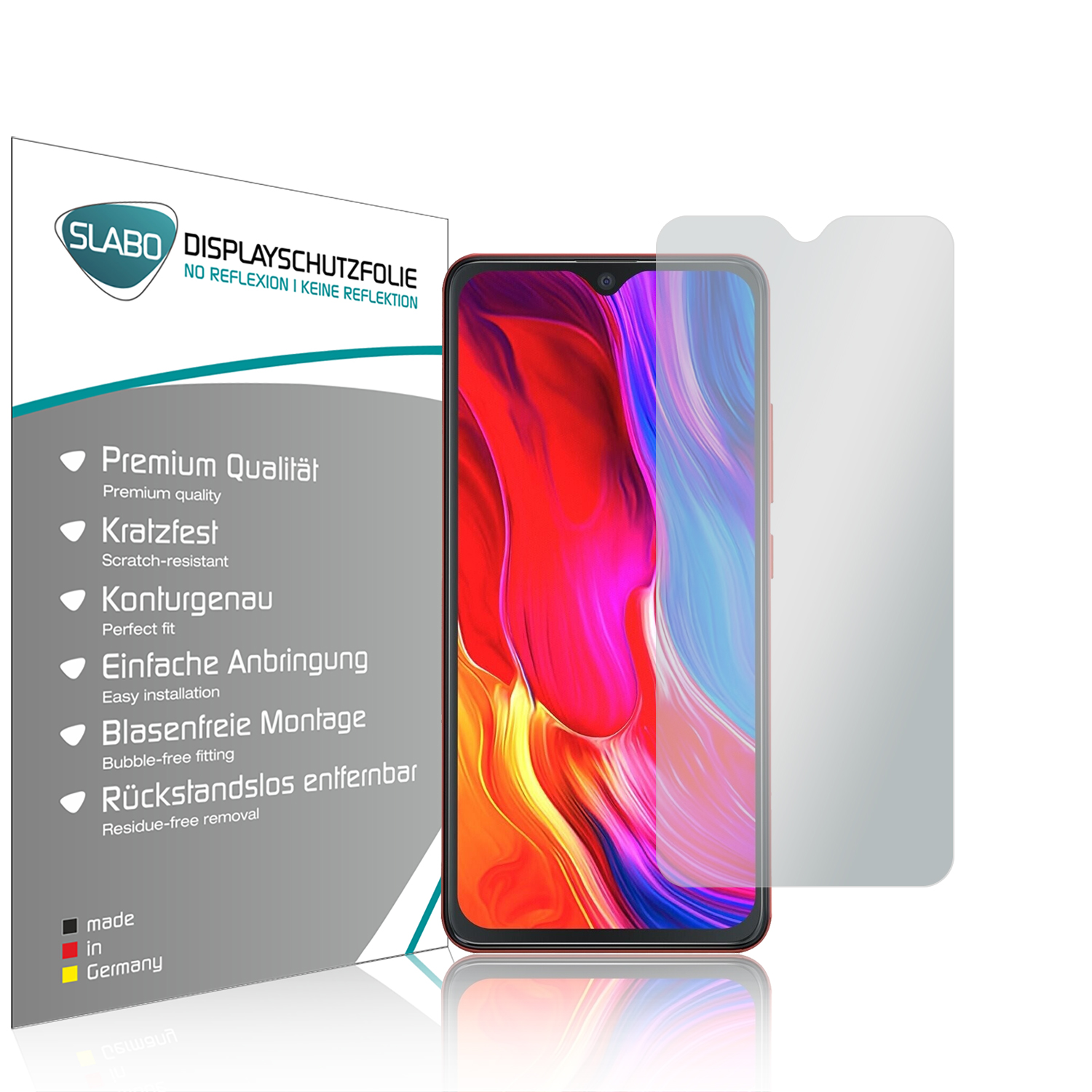 Telefon mit Displayschutzfolie, Verpackung mit Text: 'DISPLAYSCHUTZFOLIE' und Telefonumriss.