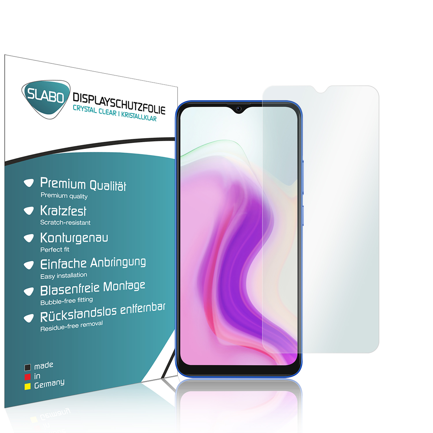 Smartphone mit Displayschutzfolie, eine Box mit Text über das Produkt.