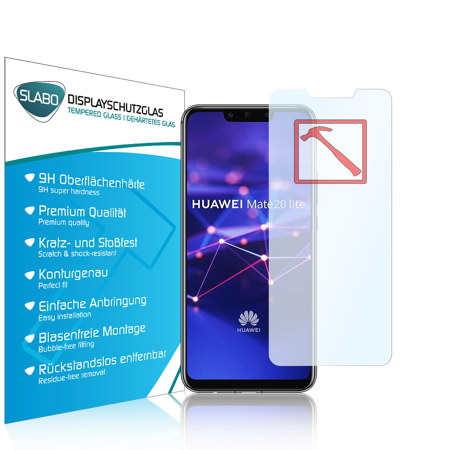 Ein Telefon wird mit einem Displayschutz überlagert. Eine Grafik eines Hammers ist sichtbar. Text: SLABO, Huawei Mate 20 lite.