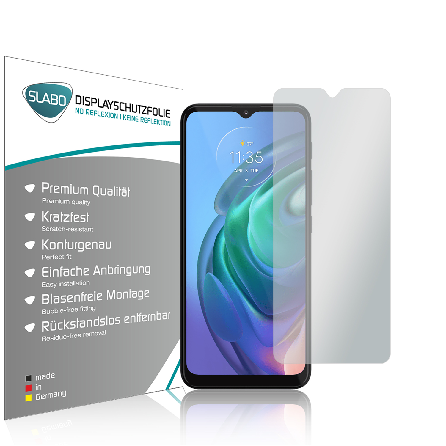 Telefon mit Displayschutzfolie und Verpackung.