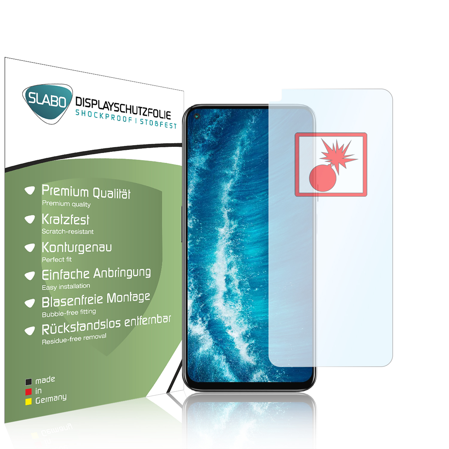 Displayschutzfolie, Telefon und Verpackung mit Text. Telefon hat blauen Bildschirm. Der Schutz ist transparent.