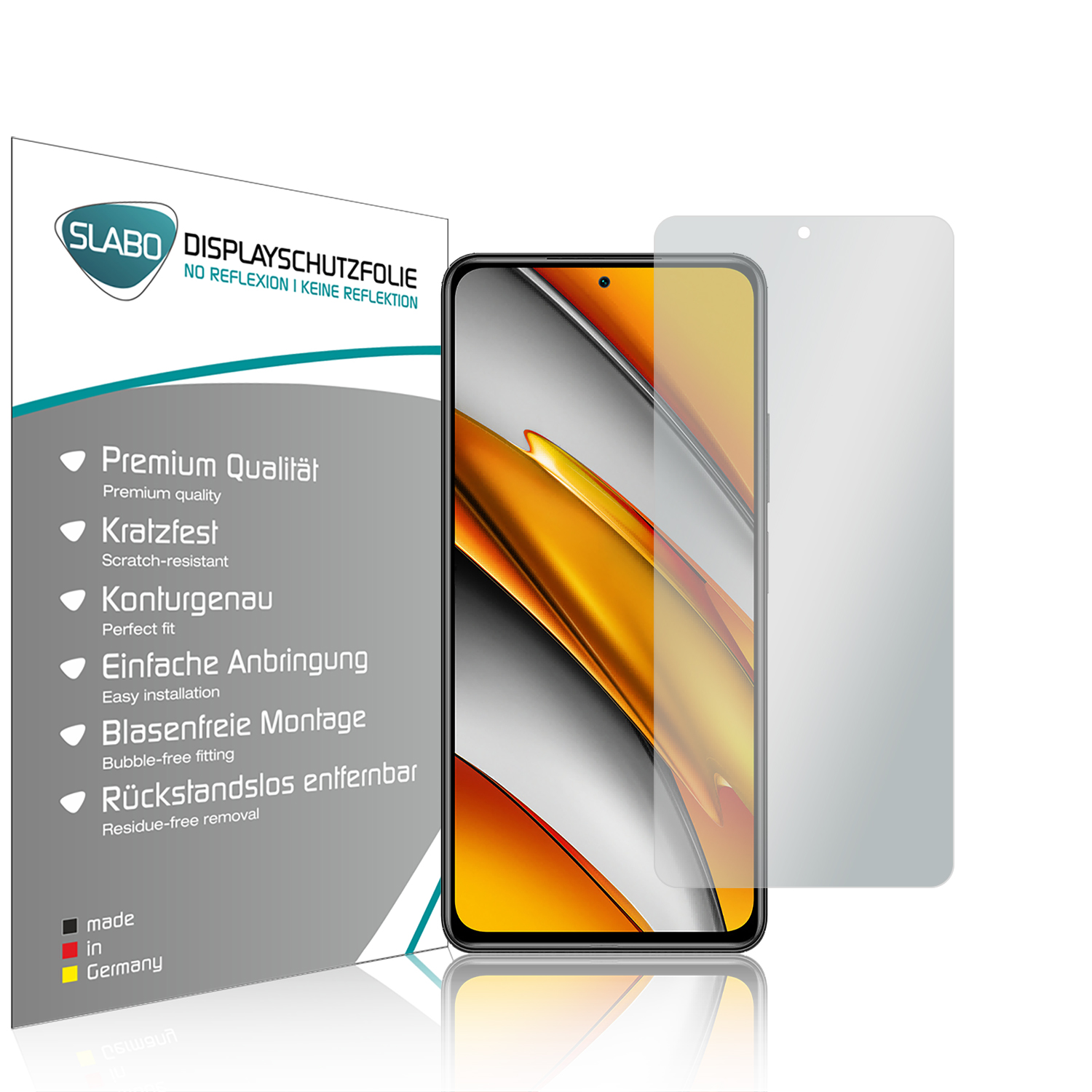 Mobiltelefon mit Displayschutzfolie, Telefon und Schutz sind sichtbar.