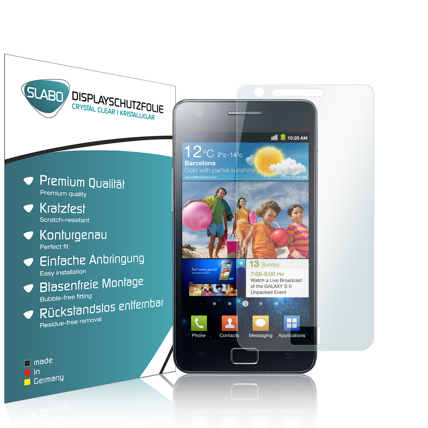 Smartphone mit angebrachter Displayschutzfolie, zeigt einen Bildschirm mit Wetterdetails.