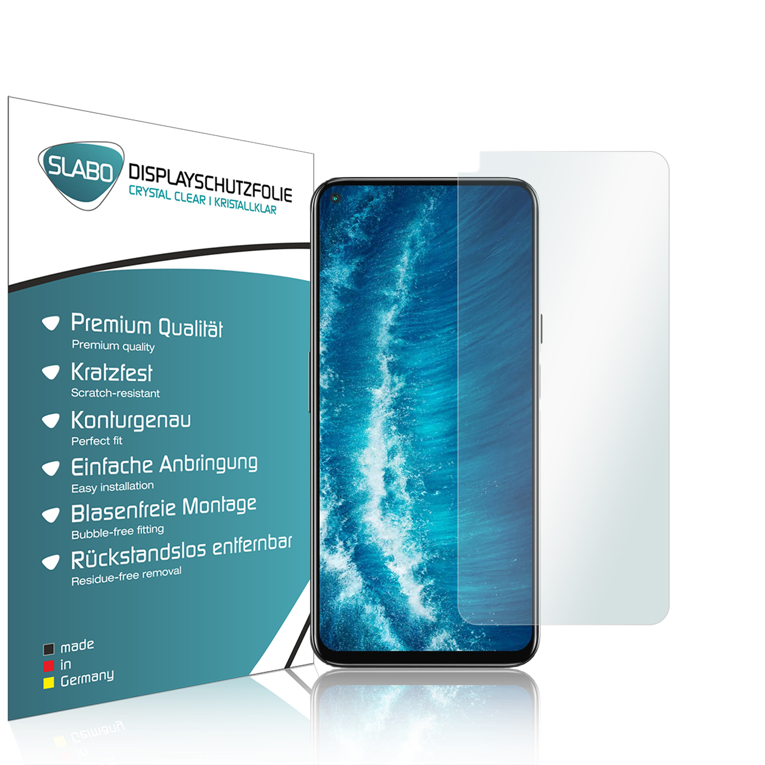 Ein Mobiltelefon mit Displayschutzfolie und einer Verpackung mit Texten über den Schutz.