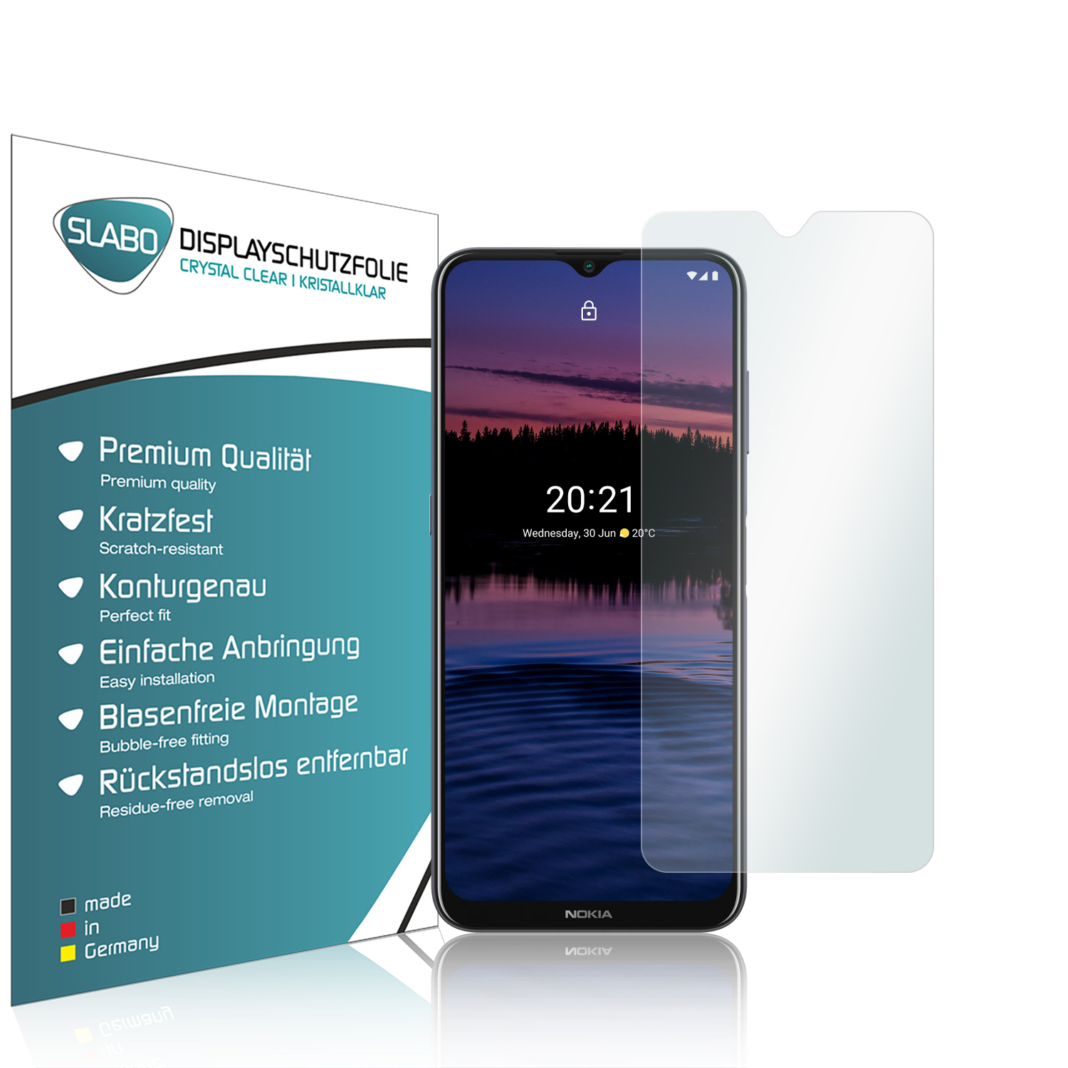 Displayschutzfolie mit Telefon rechts. Text und Informationen auf der linken Seite.