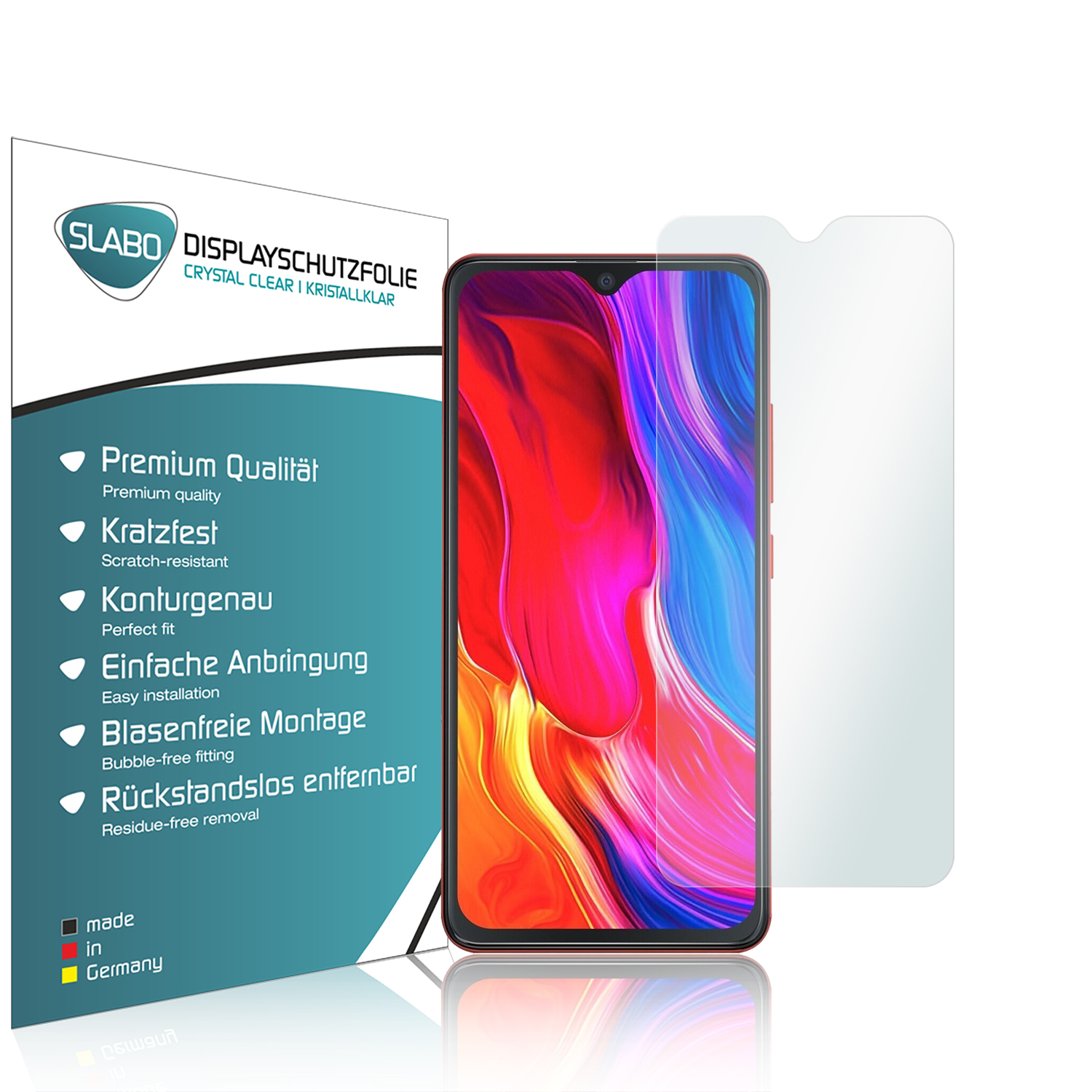 Ein Displayschutz mit Telefon. Blaue und weiße Verpackung. Text in mehreren Sprachen. Telefon hat farbigen Hintergrund.