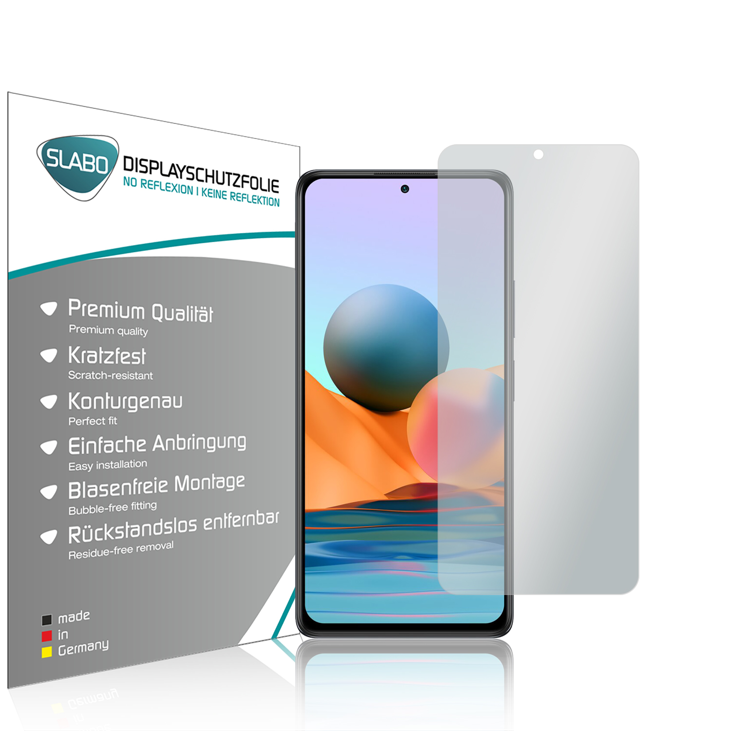 Verpackung für Displayschutzfolie mit Telefon und Displayschutzfolie.