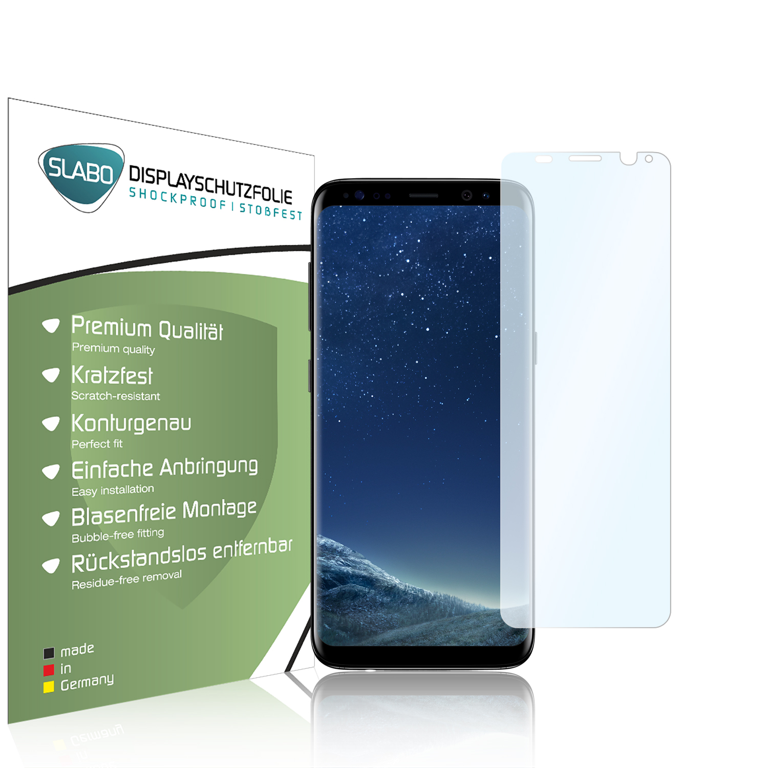 Telefon mit Displayschutzfolie. Ein Telefon neben einer Displayschutzfolien-Verpackung. Deutscher Text sichtbar.