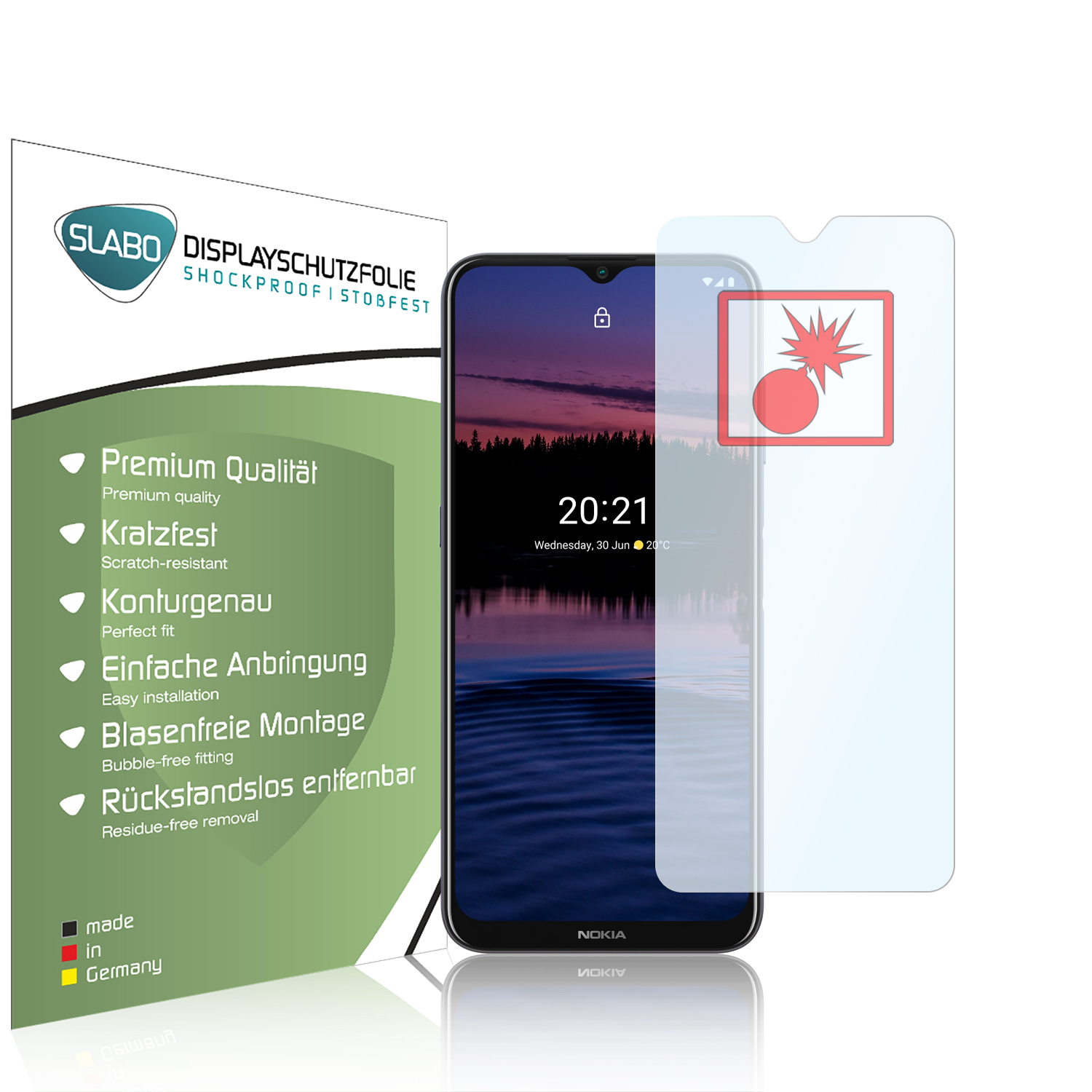 Ein Telefon mit einem Displayschutz. Das Telefon zeigt Uhrzeit und Datum an. Der Displayschutz hat ein rotes Explosionssymbol.
