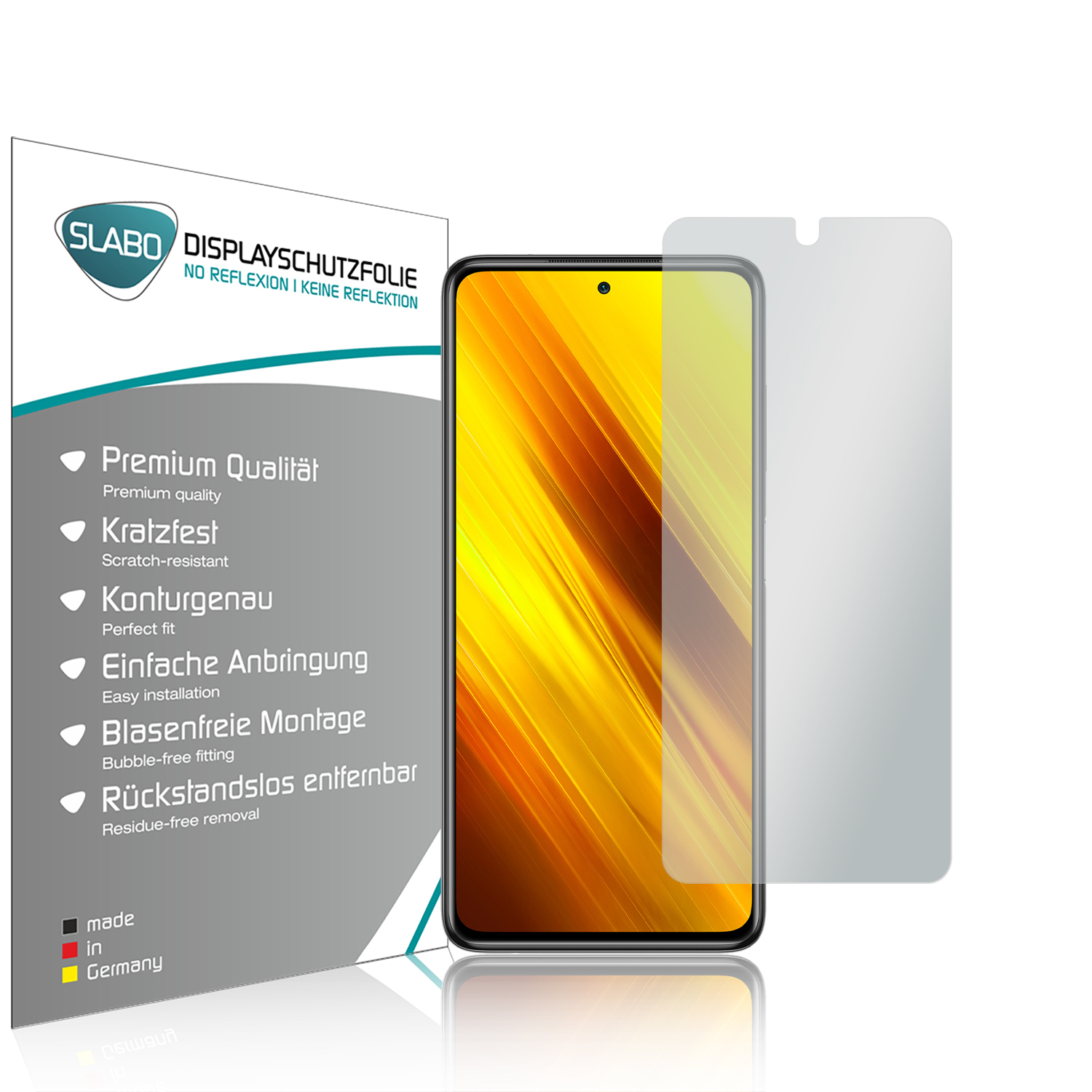 Ein Telefon mit Displayschutzfolie. Displayschutzfolie und Schachtel sind mit Produktdetails beschriftet.